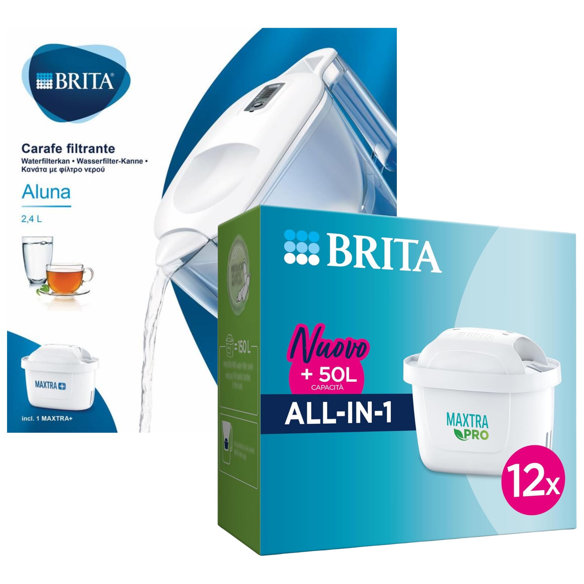 Caraffa Filtrante Aluna per acqua, Bianco (2.4l) - Incluso 1 Filtro MAXTRA+ per la riduzione di cloro, calcare e impurità + 12 Filtri Per Acqua MAXTRA PRO All-in-1