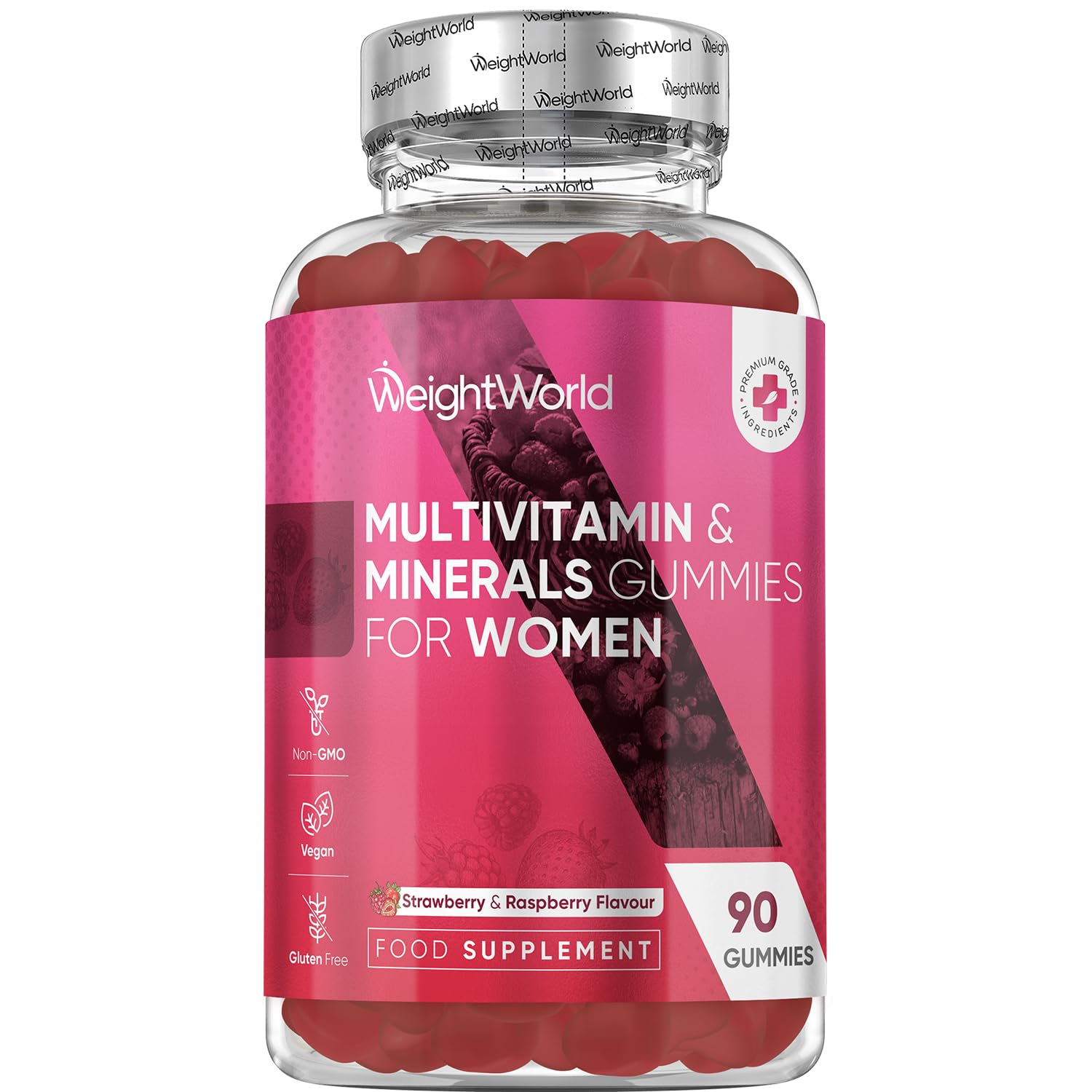 Multivitamin Gummies for Women - 13 Active Ingredients - 90 Gummies - Natural Strawberry & Raspberry Flavour - Women Multivitamins with Zinc, Calcium, Hyaluronic Acid & Vitamins A, C, B6, B7, B9 & B12