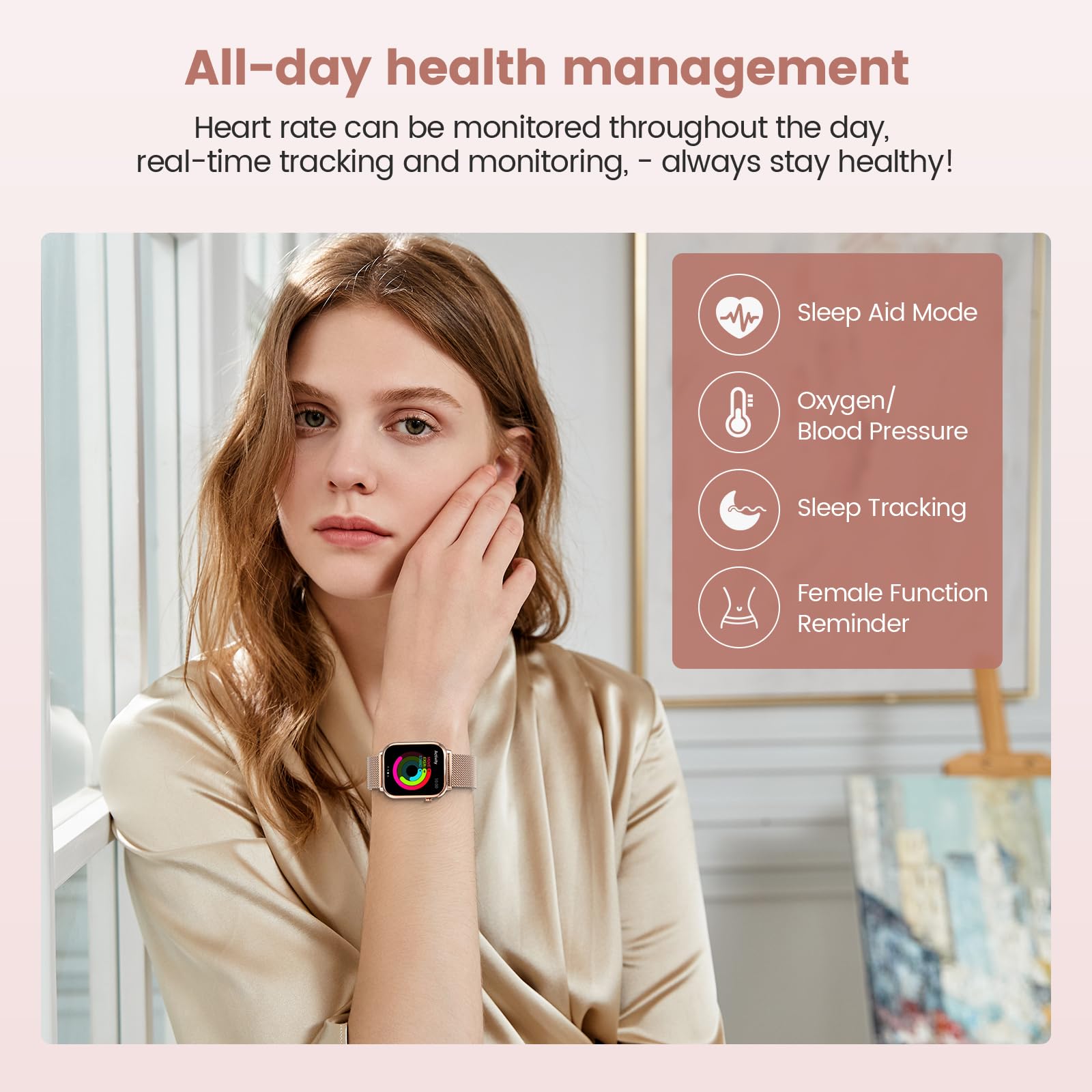 elfofle Smartwatch Donna Uomo con Chiamate, 1,83" Orologio HD Touchscreen, impermeabile IP67 /SpO2 Fitness Tracker/Ciclo Mestruale Frequenza Cardiaca Sleep Monitor per iOS Android (Oro rosa)