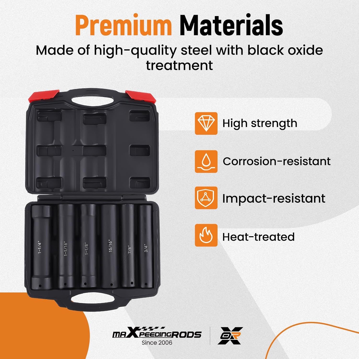 maXpeedingrods 1/2 Inch Drive Extended Length Impact Socket Set, 6Pcs Extra-Deep Length Extra-Deep Impact Set Heavy Duty with Case, 6 Sizes - Hex Sizes 3/4", 7/8", 15/16", 1-1/16”, 1-1/8", 1-1/4"