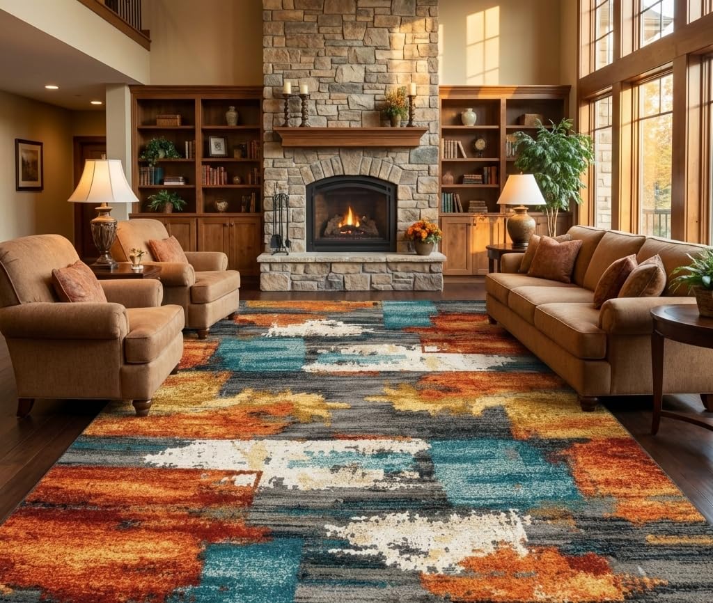 BreezeRise 8x10 Area Rug for Living Room,Modern Abstract Burnt Orange Rug,Terracotta and Teal Brushstroke,Washable Rug,Non Slip, Bedroom, Dining Room,