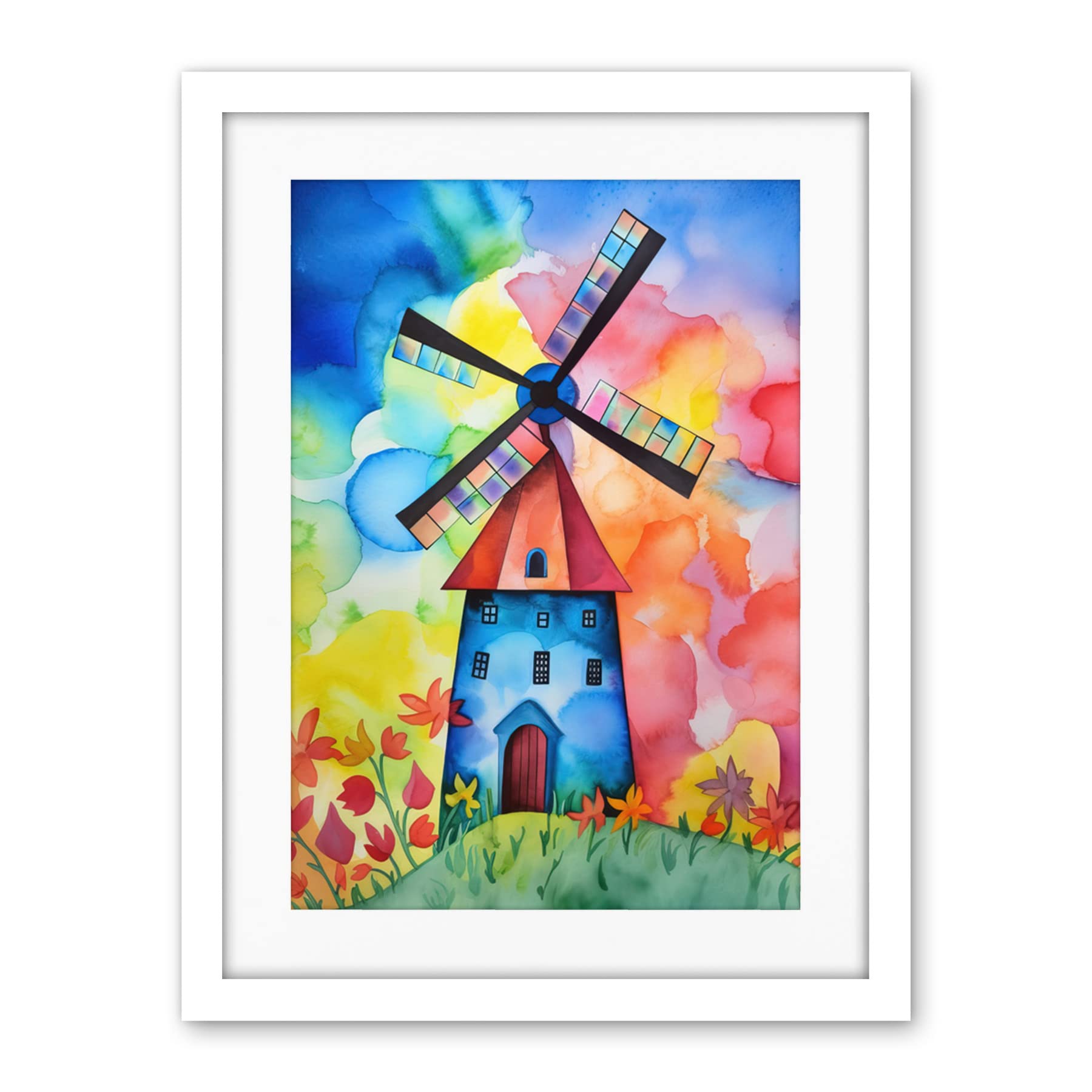 Artery8 Watercolour Windmill Netherlands Folk Art Artwork Framed Wall Art Print 18X24 Inch