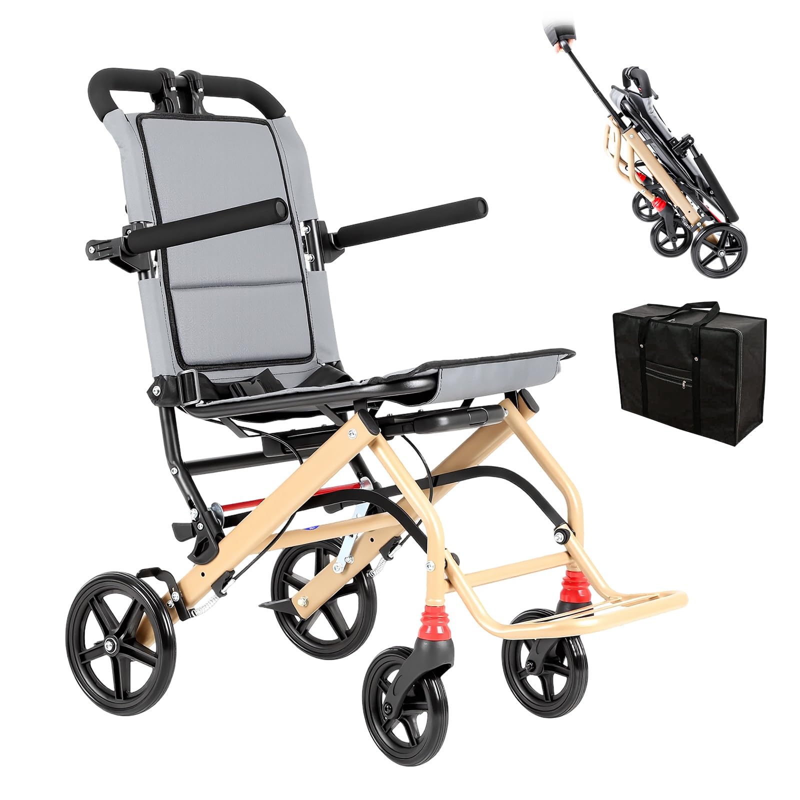 Care Parents reiserollstuhl Faltbar & Leicht (8,7kg), 41cm Sitzbreite,mit ausziehbarer Zugstange, Aluminium rollstuhl, Kompakt für Flugzeug, Bahn & Auto, Armlehnen hochklappbar, Bis 100kg (CP-9209)