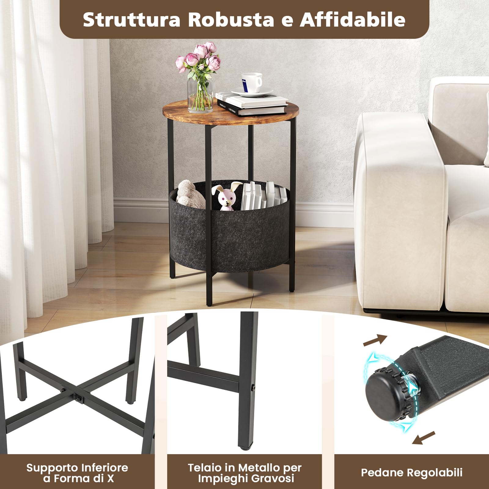 COSTWAY Tavolino Rotondo per Piccoli Spazi, Tavolino a 2 Ripiani con Cestino in Tessuto Rimovibile e Struttura in Metallo, Tavolino da Salotto, Camera da Letto e Studio (Marrone e Nero)