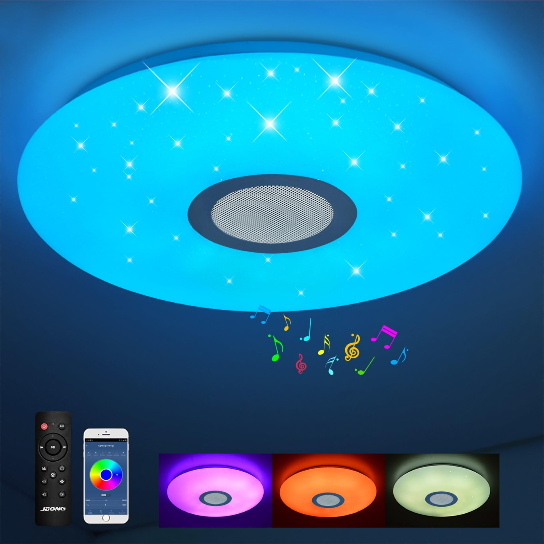 JDONG Led Deckenleuchte mit lautsprecher und Fernbedienung 54W Bluetooth Deckenlampe Dimmbar Rgb White Noise Runde für Schlafzimmer Wohnzimmer Badezimmer Kinderzimmer Küche 50cm
