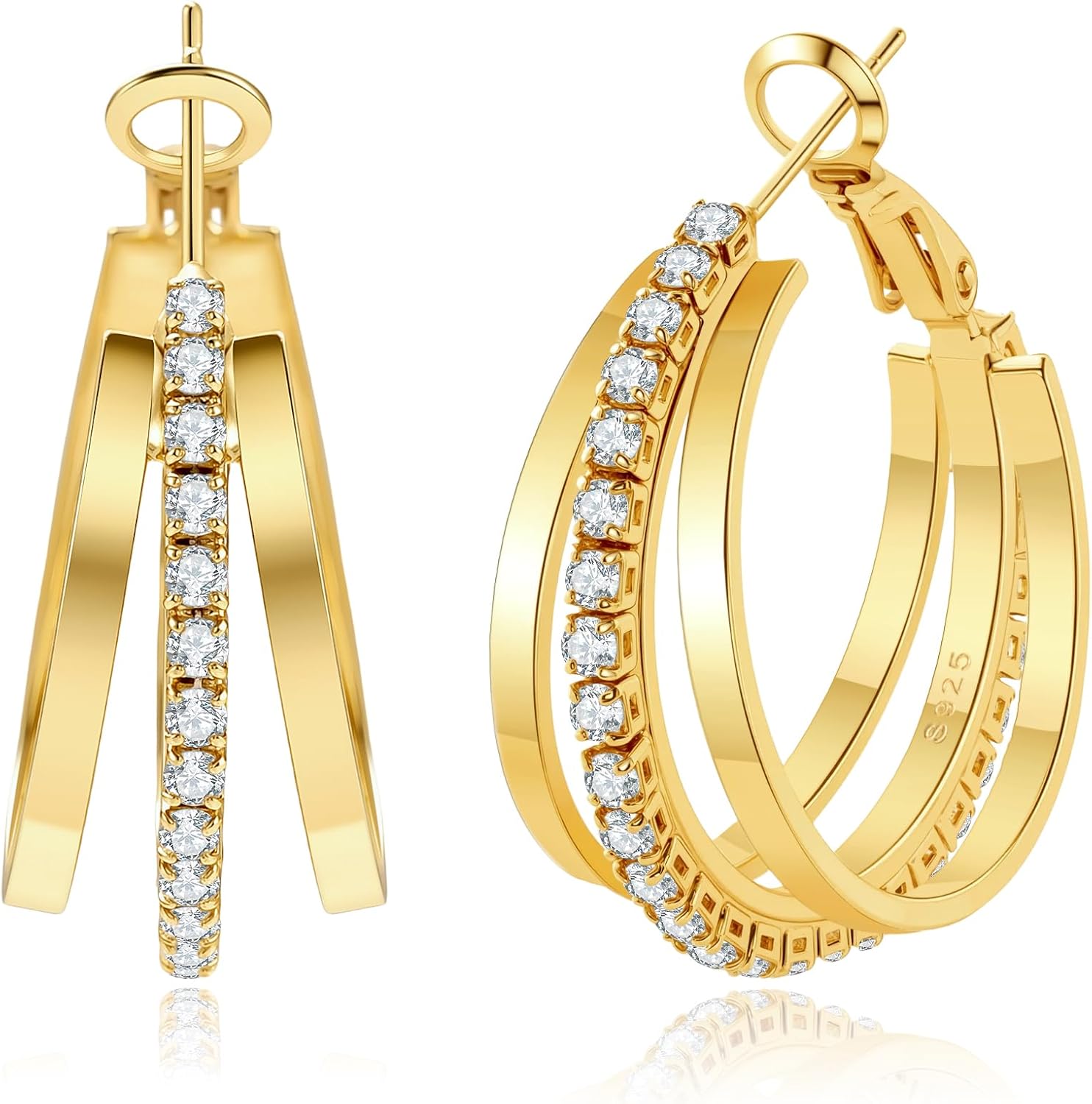 925 Sterling Silver Hoop Earrings for Women, Triple Hoop Earrings with Cubic Zirconia, Hypoallergenic Lightweight C Shape Statement Huggie Hoops, Sparkly Gold Jewelry Gifts for Women