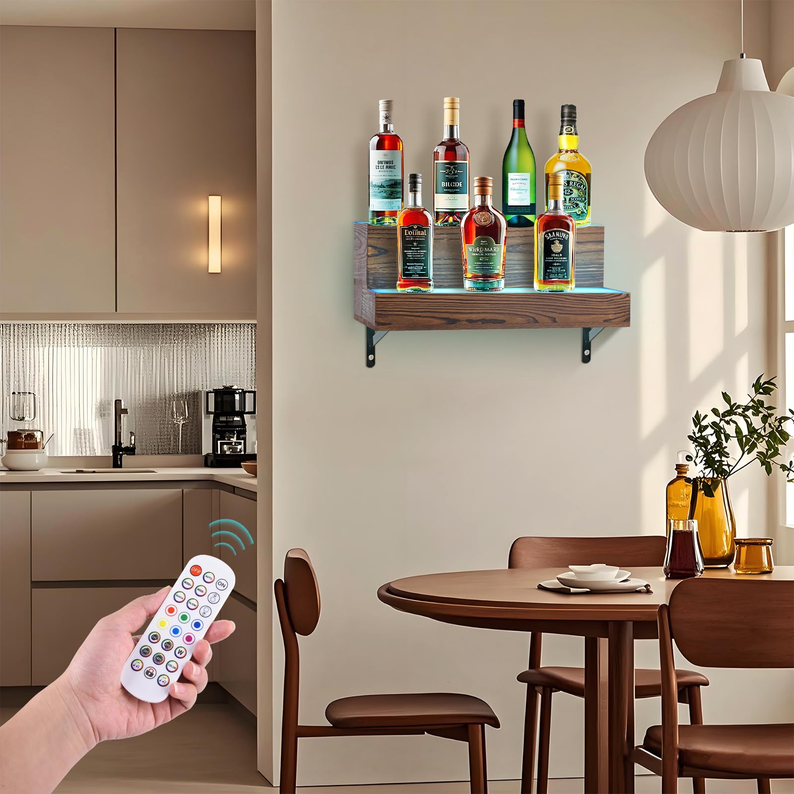 Estante de vino con luz LED, estante de exhibición de botellas de licor montado en la pared, estante flotante de 2 niveles para el hogar, bar comercial