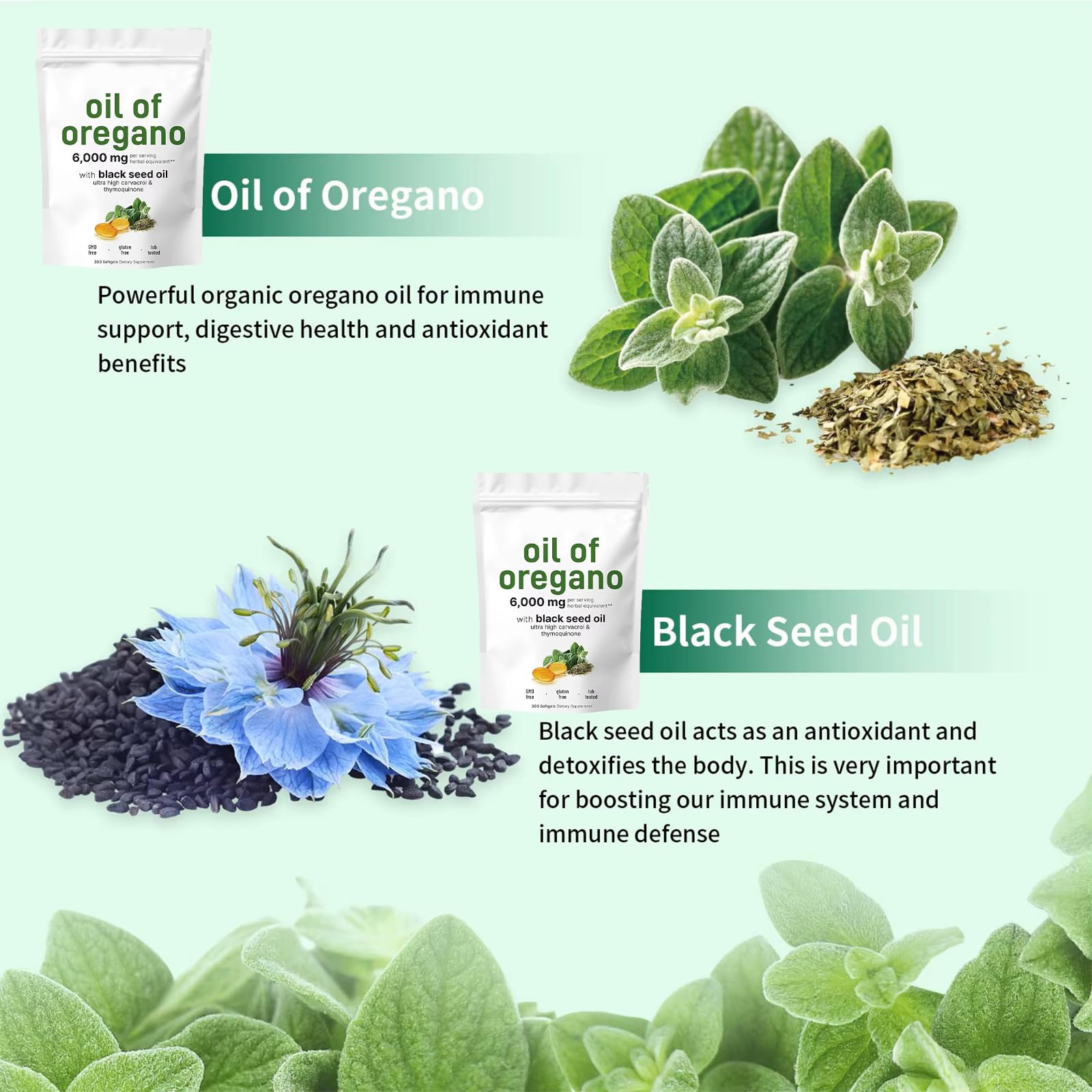 Huile d Origan et Nigelle,2 pack Capsules D'Huile D'Origan,Oil of Oregano with Black Seed Oil,Huile d'Origan 6000 mg avec Huile de Graines Noires,Favorise Santé Immunitaire et Digestive