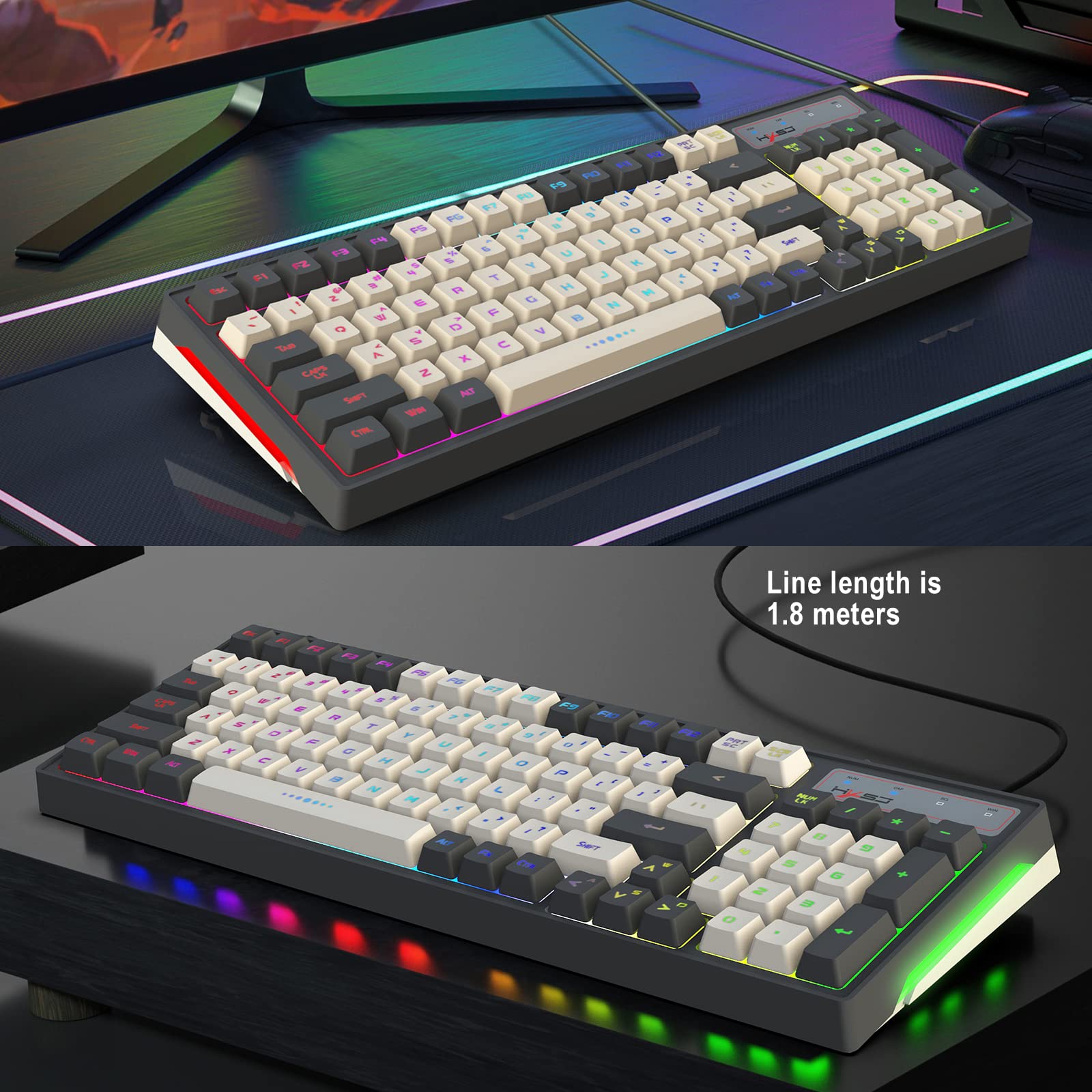 Przewodowa klawiatura do gier LED RGB Backlit, klawiatura z klawiszami skrótu, klawisze antyghostingowe, multimedialne, ergonomiczne, odłączane klawisze, 96 klawiszy, do komputera stacjonarnego i