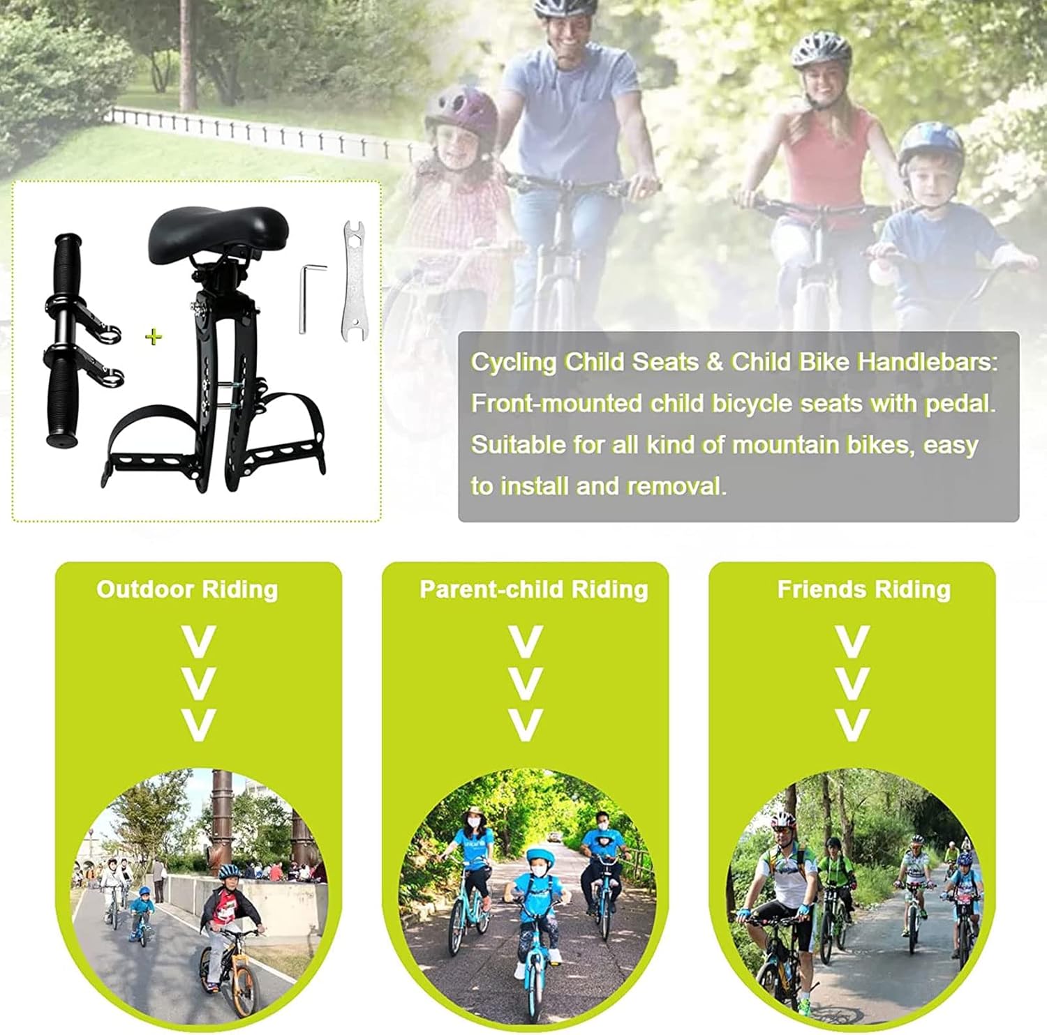 Kids Bike Seat with Handlebar Attachment, Soft and Comfort Kids Bike Seat Compatible with Adult MTB, Outdoor Mountain Bike Front Mounted Bicycle Seats for Children Aged 2-5, Up to 48lbs