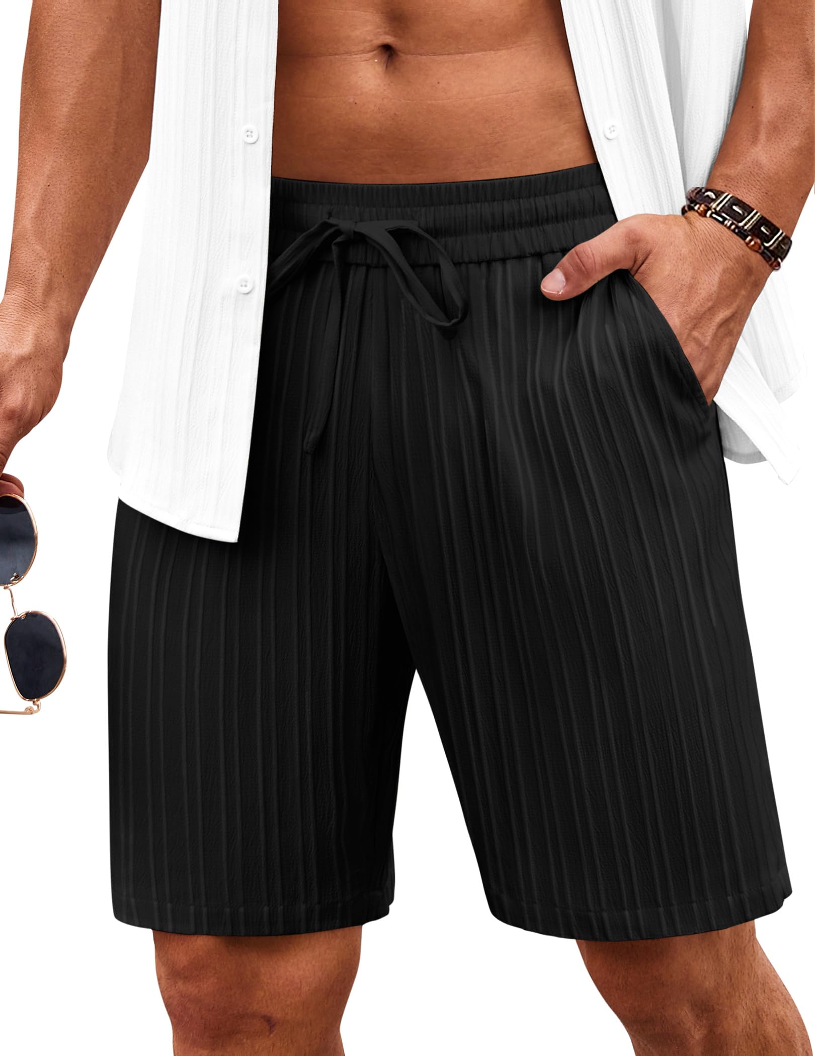 COOFANDY Men's Beach Shorts 9" Elastic Waist Drawstring Casual Shorts Regular Fit Summer Textured Shorts