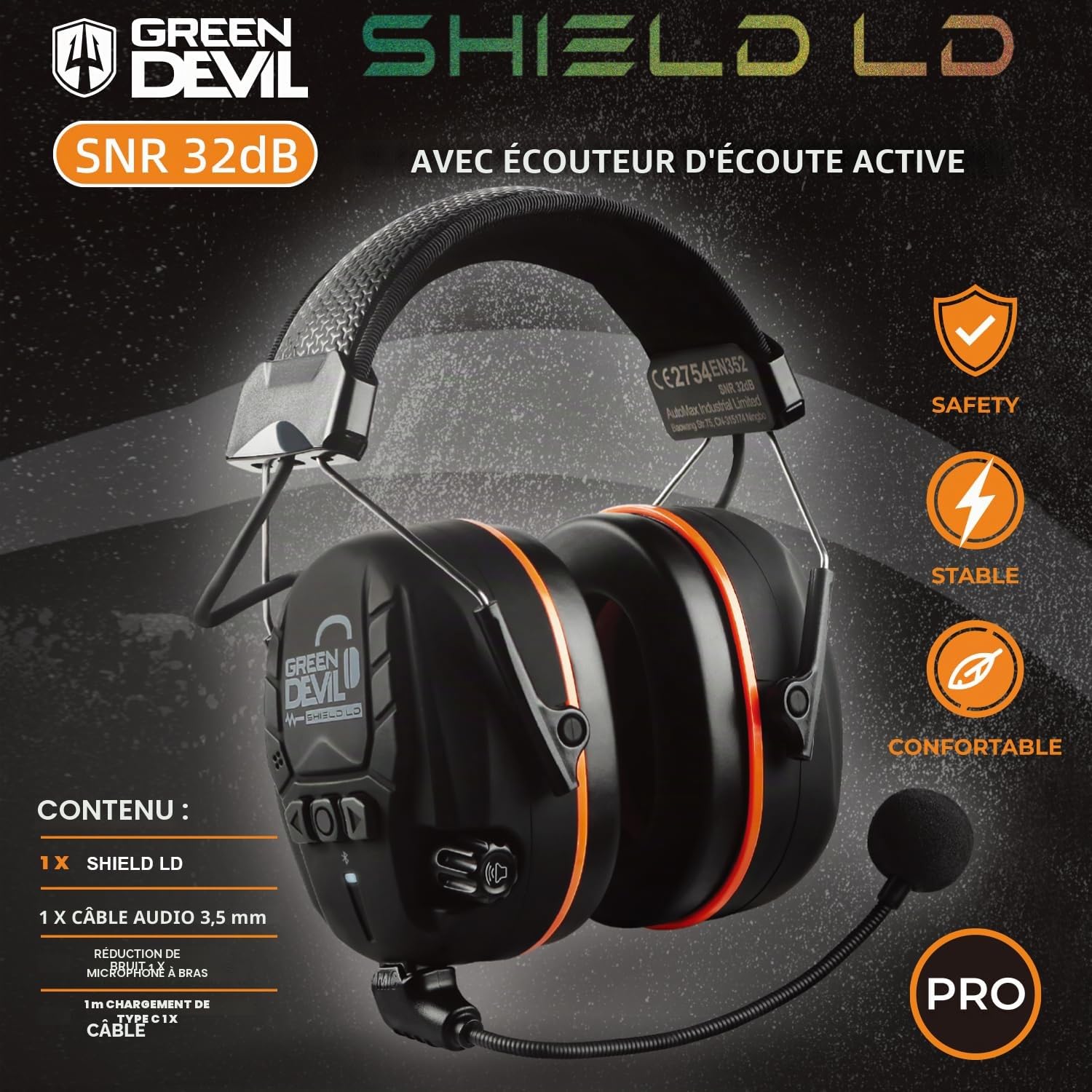 GREEN DEVIL Shield LD Aktiver Gehörschutz - elektronischer Gehörschützer mit Bluetooth 5.3 Technologie Integriertes Mikrofon EN352-konforme SNR 32dB für Mähen und Lärmintensive