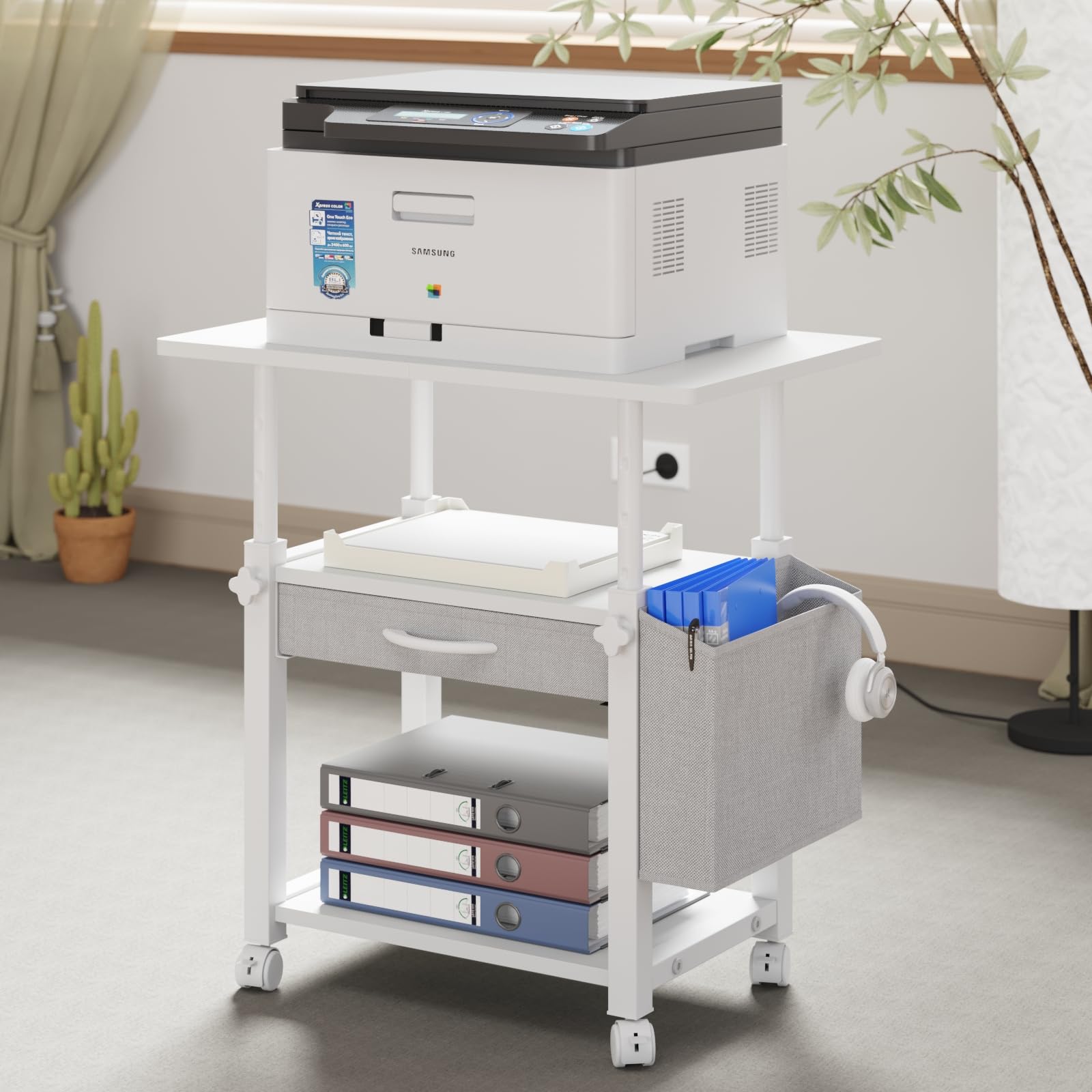 YAOHUOO Large 22"x15" Printer Stand, 3-Tier Height Adjustable with Storage Drawer & Side Bag, Rolling Cart for Heat Press/Laser/3D Printer (White)