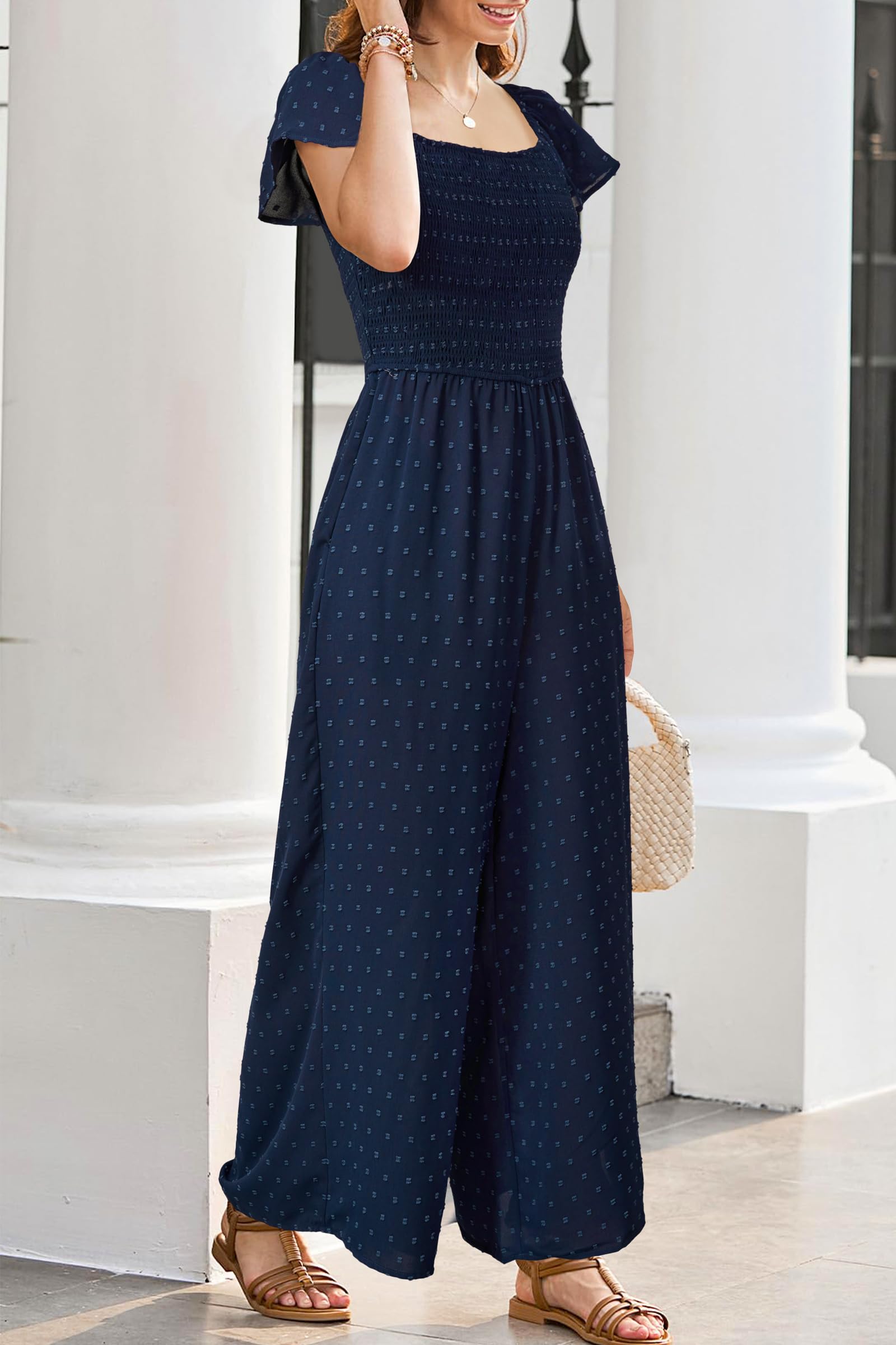 VOTEPRETTY Jumpsuit Damen Elegant Sommer Kurzarm Quadratischer Ausschnitt Overall Weites Bein Lang Outfits mit Taschen