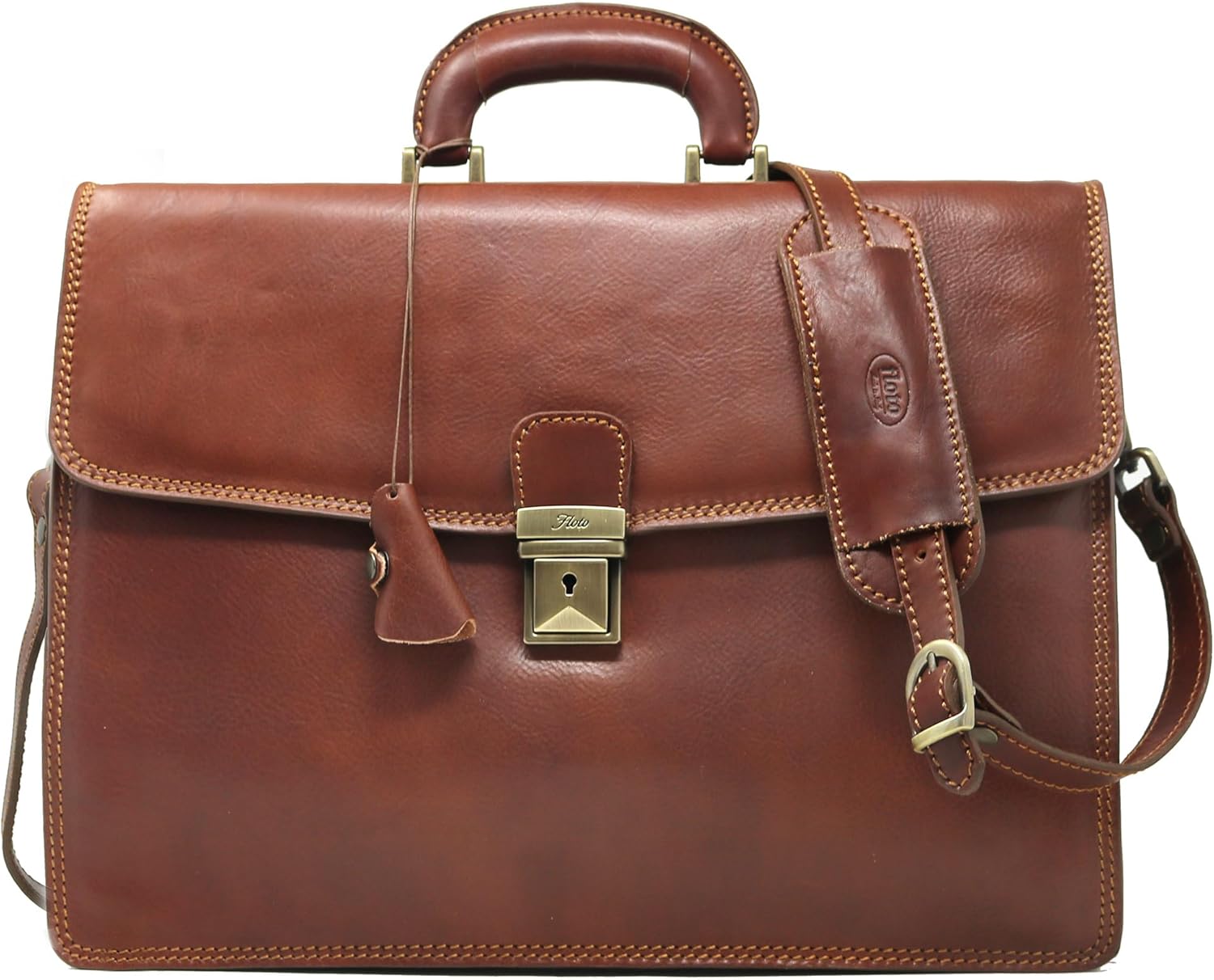 Floto Full Grain Leather Milano Briefcase Attache Laptop Case (Tobacco Brown)