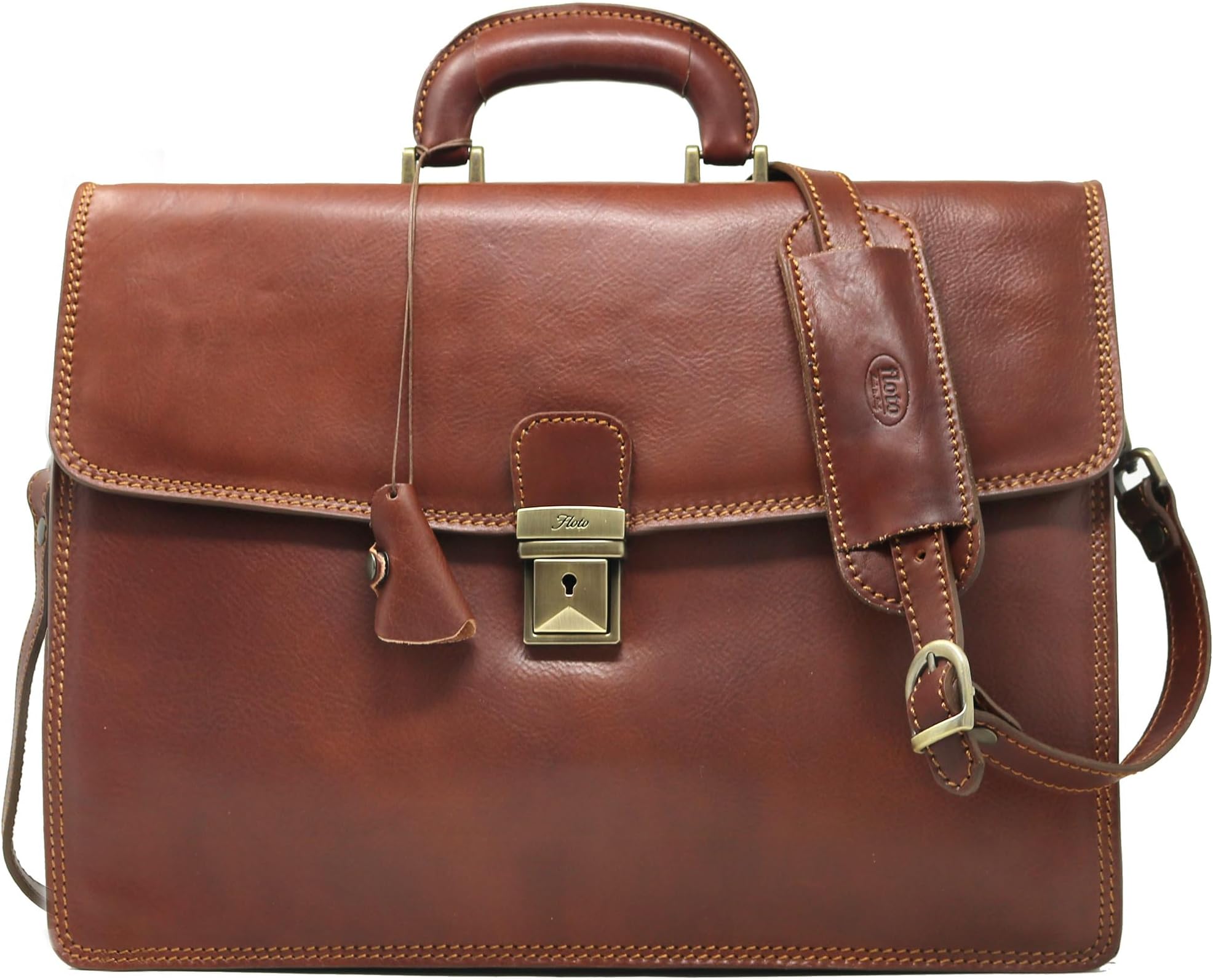 Floto Full Grain Leather Milano Briefcase Attache Laptop Case (Vecchio Brown)