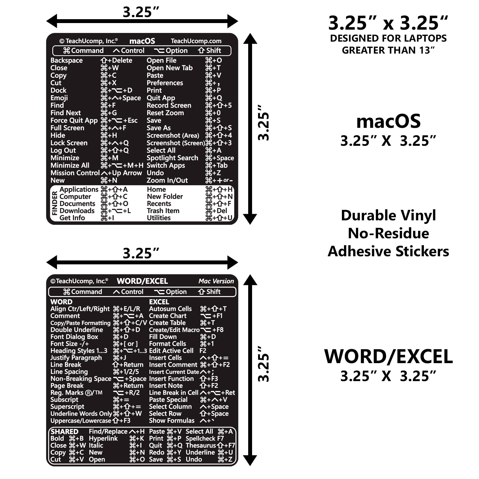 TEACHUCOMP Keyboard Shortcuts Sticker for Mac OS Plus Microsoft Word and Excel (for Mac/MacBook) Training Aid Cheat Sheet-Vinyl, Laminated, No-Residue Adhesive (Black)