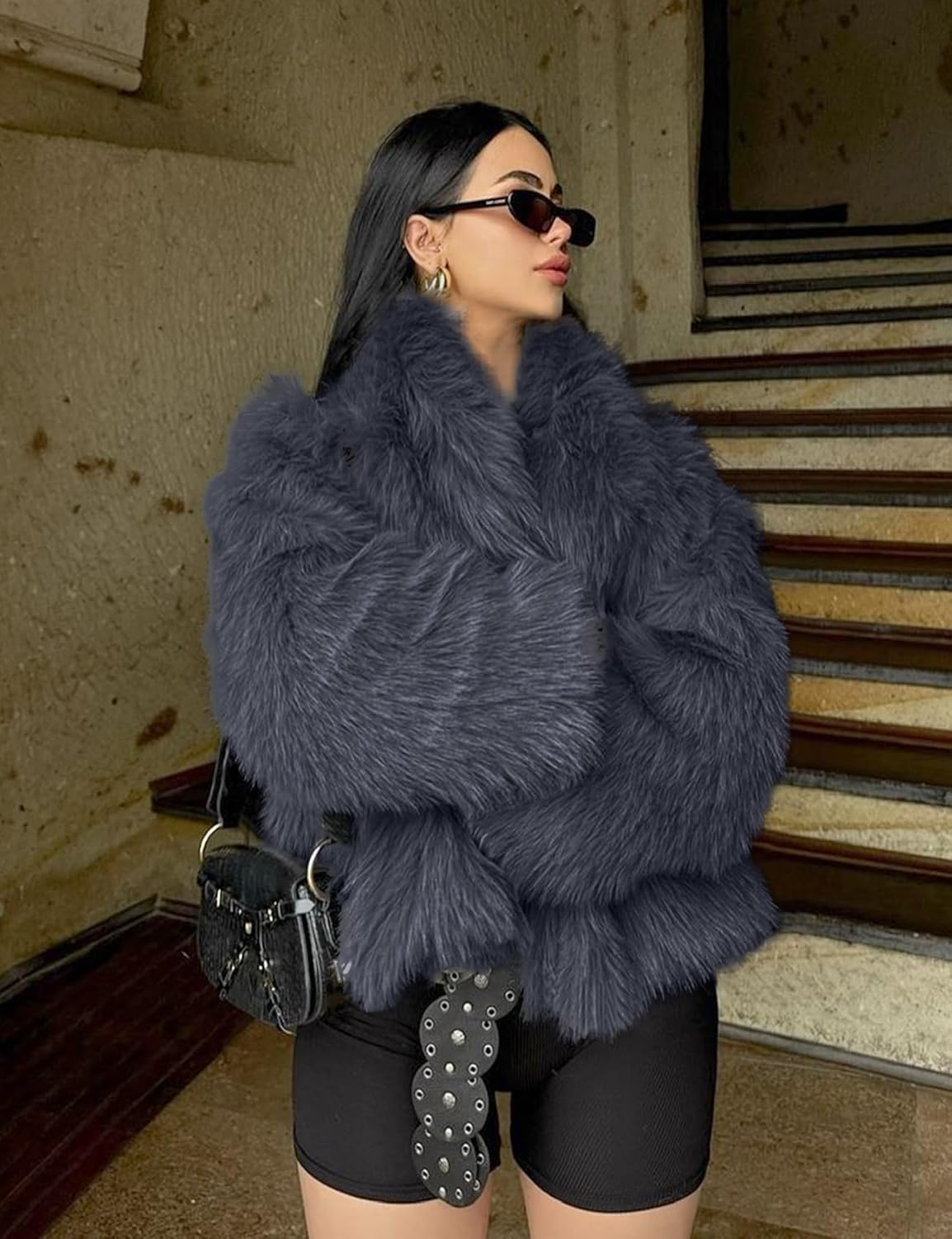 COZYPOIN Womens Faux Fur Jacket Fluffy Fur Coat Cropped Long Sleeve Lapel Button Down Fuzzy Winter Outerwear - Image 7