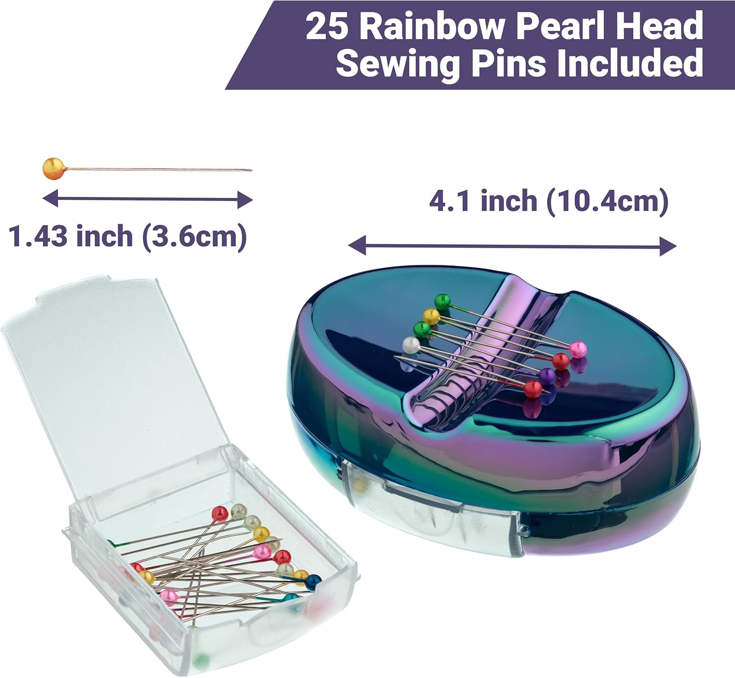 The Quilted Bear Magnetic Pin Cushion - Magnetic Pin Cushion with 25 Pearl-Headed Sewing Pins & a Handy Plastic Drawer Organizer for Pins & Sewing Supplies (Rainbow)