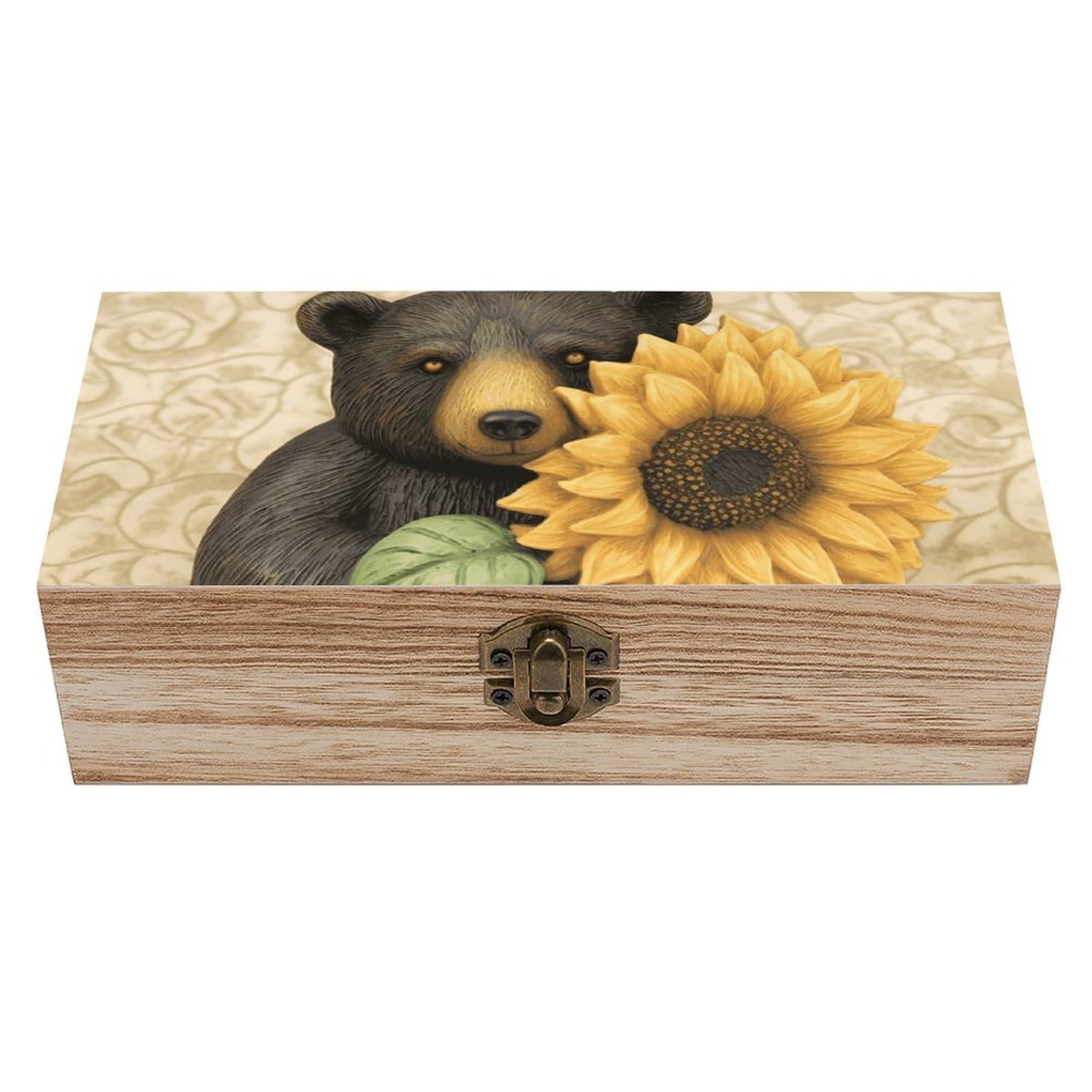 Oudrspo Sunflower And Bear Wooden Keepsake Box Decorative Memory Storage Box with Hinged Lid Small Jewelry Keepsake Boxes for Storing Gift Pictures Letters Time Capsule