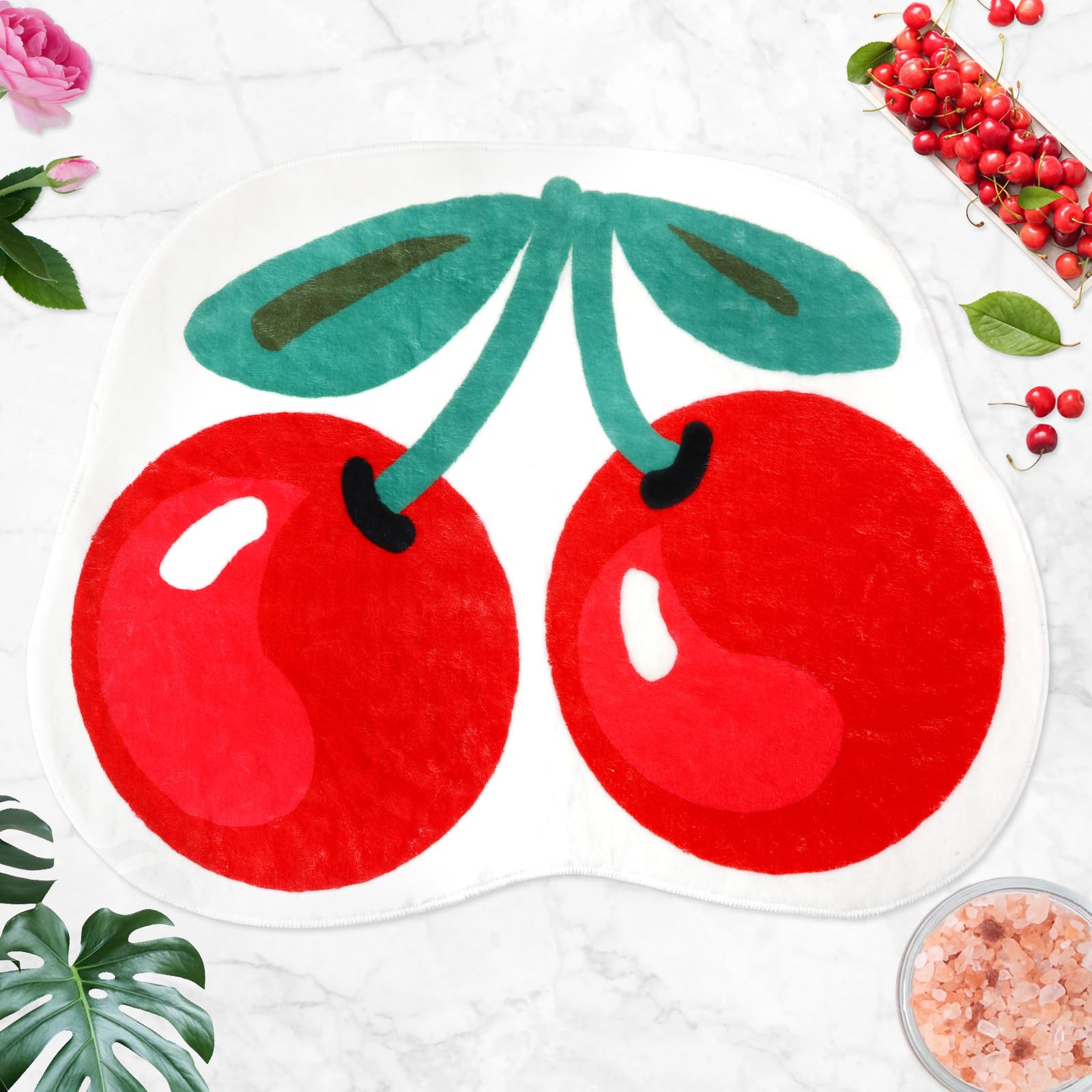 FEBSNOW Cherry Bathroom Rugs, Luxury Funky Bathroom Mats Non Slip Cute Fruit Shaped Mats, Absorbent Bathtub Cool Rug Plush Washable Carpet for Living