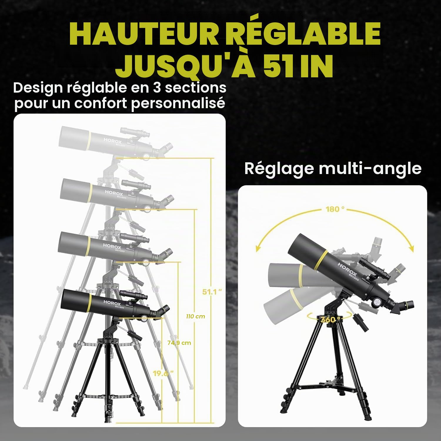 Télescope réfracteur avec ouverture de 80 mm et 500 mm pour adultes, télescope pour enfants débutants avec trépied professionnel et adaptateur de téléphone, sac à dos télescopes portables