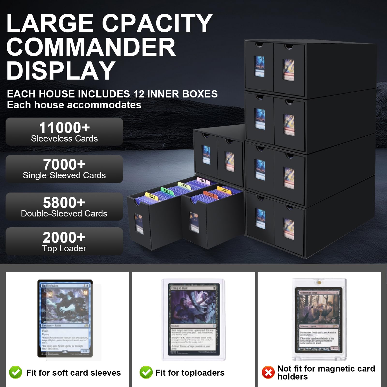 Pudełko na karty kolekcjonerskie na 11 000 kart, Top Loaders Box na 2000+ 3" x 4" 35PT Toploaders,Trading Card Storage Box do wyświetlacza Commander, 72 separatory kart, pudełko na karty do TCG, MTG