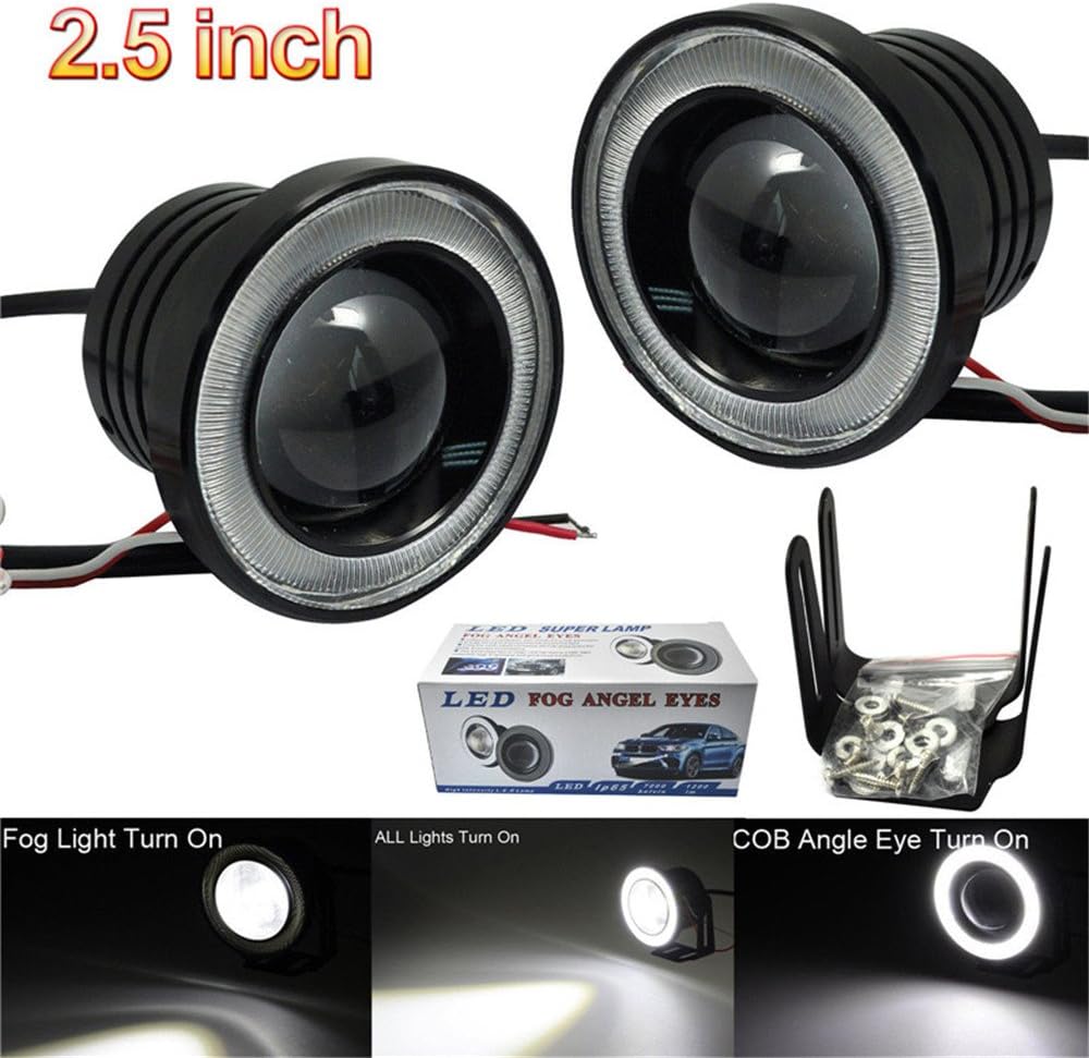 2pcs High Power 2.5" Projector Universal LED Fog Light White/Blue/Red COB Halo Angel Eye Rings (Blue)