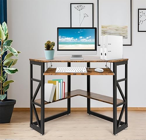Miniatura 6 de LUCKYERMORE Escritorio esquinero para espacio pequeño, escritorio triangular para computadora con bandeja para teclado y estantes de almacenamiento,