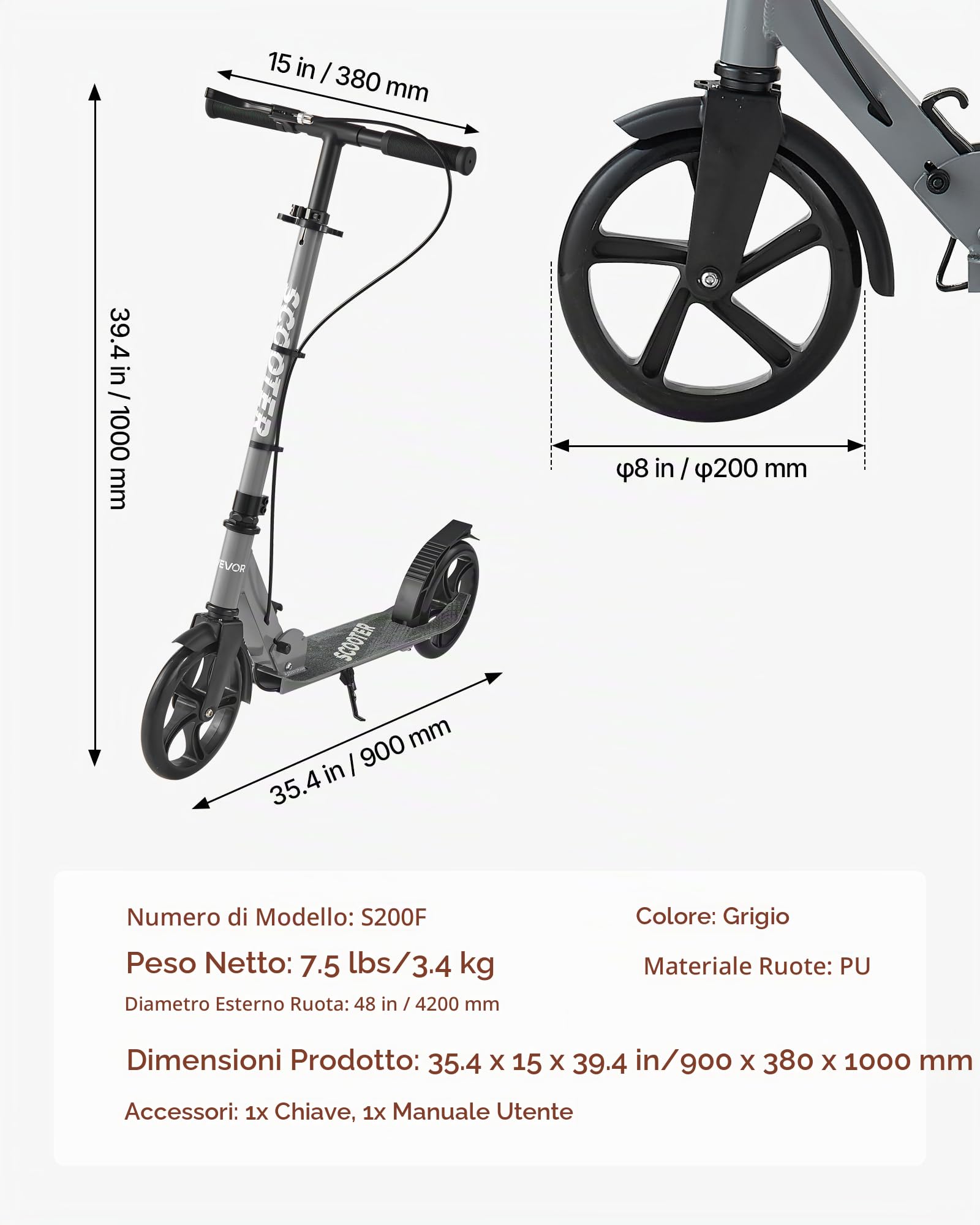 VEVOR Monopattino con 2 Ruote per Bambini da 8 Anni, Monopattino Pieghevole per Mobilità Urbana per Bambini Carico max. 100kg con Manubrio Regolabile in Altezza, Pedana Antiscivolo e Freno a Mano