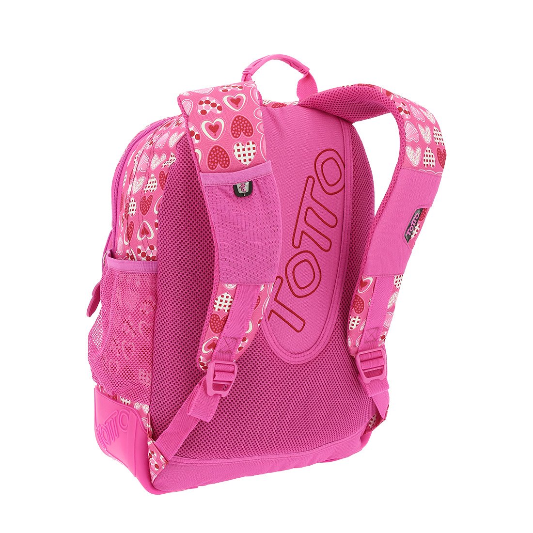 Totto - Zaino Scuola, Modello Crayoles, Capacità 20 L, Beauty Case e Borsa per Scarpe Removibili, Tasca per Bottiglia, Schienale ergonomico con flusso d'aria, Comodo e Resistente, Stampa Cuori Rosa