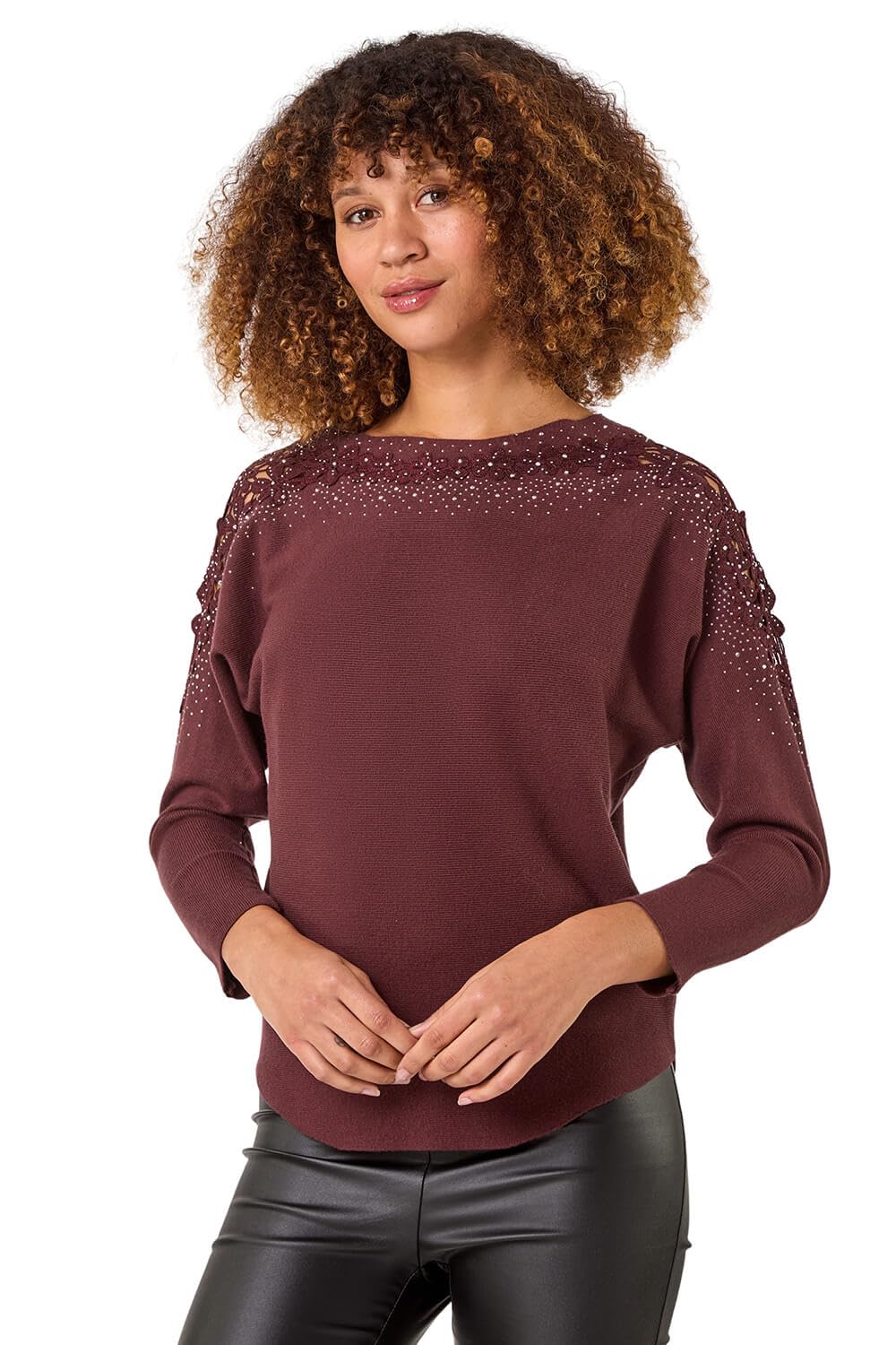 Roman Originals Women's Burgundy Contrast Embellished Knit Jumper For Uk - Everyday Autumn Winter Crew Neckline Comfy Soft Evening Vacation Work Party Night Out - Small
