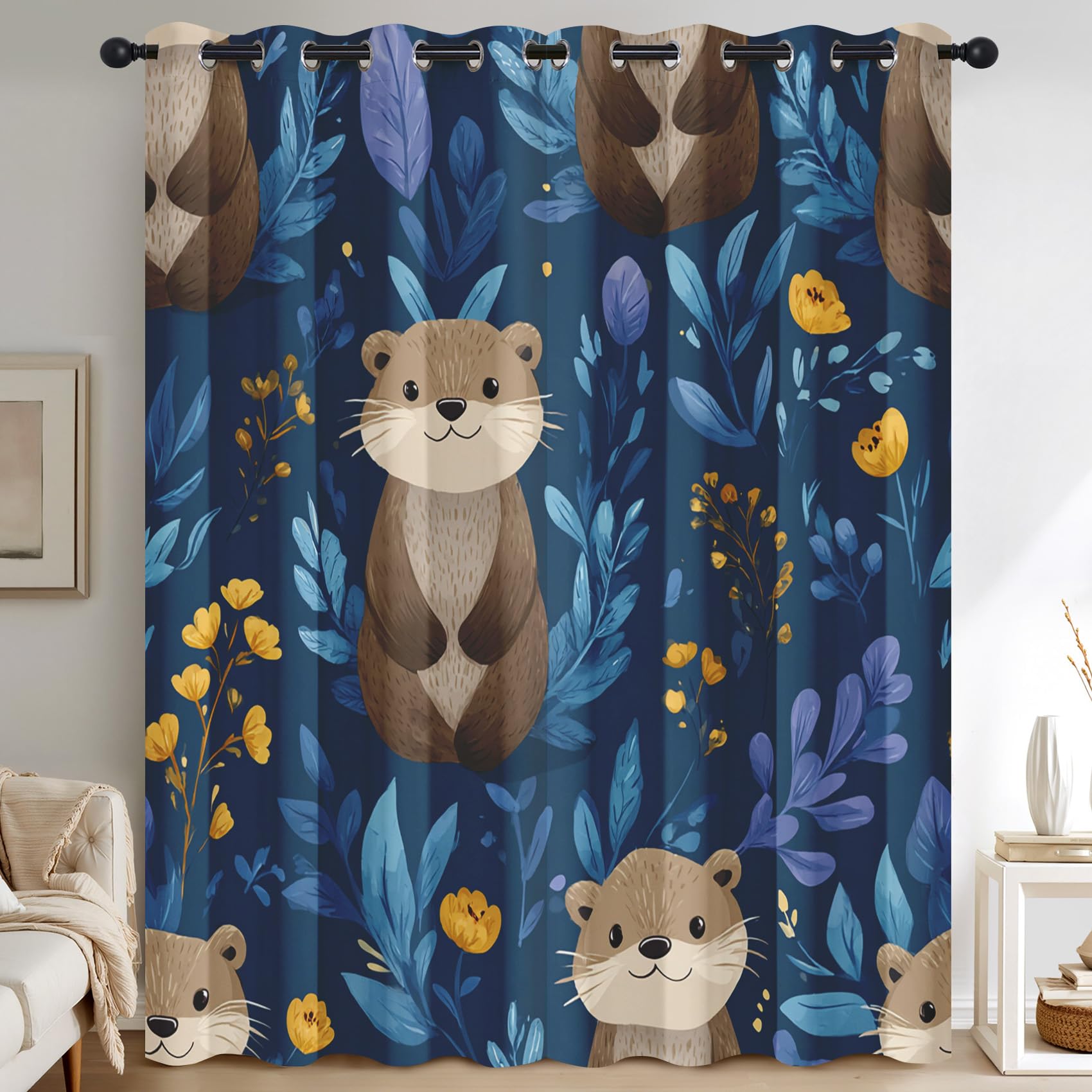Cute Otter Curtains 95% Blackout, Cartoon Animal Patterned Curtains for Living Room Bedroom, 72 Drop Eyelet Thermal Drapes Home Decor, 46x72 Inch 2 Panels X&-147