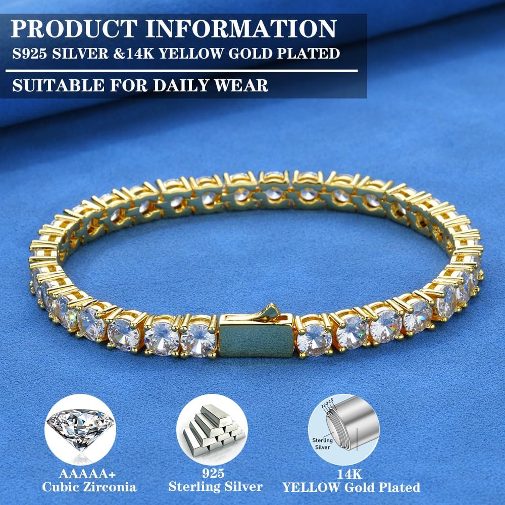 ITALIAN 5A LAB ZIRCONIA Tennis Bracelet for Men | 14K Gold Plated 925 Silver Bold Statement Jewelry | 3mm 4mm 5mm Width Options | Men's Diamond Bracelet, Gold & Rhinestone Tennis Bracelets Gift for Women & Men - Image 9
