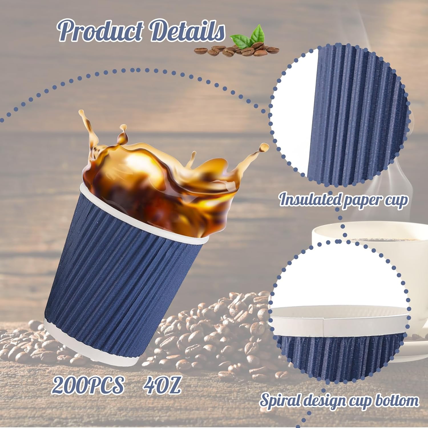 200 Pcs 4oz Paper Espresso Cups Ripple Wall Hot Cups For Coffee Disposable Coffee Cup Paper Hot/Cold Drinking Cups for Party, Picnic, Travel and Events (Blue) - Image 2