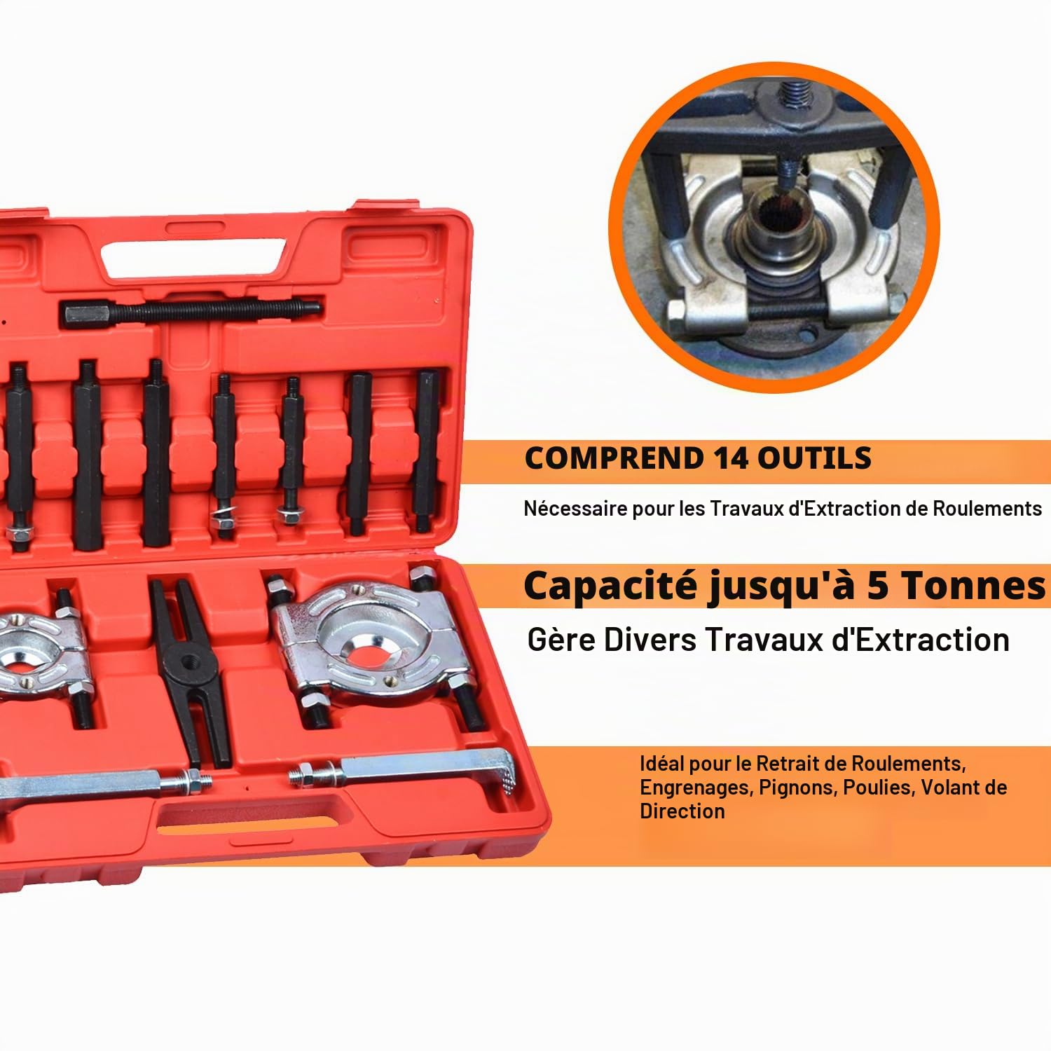 Ensemble d'outils d'extraction de roulement, séparateur de roulement d'une capacité de 5 tonnes, kit d'outils de retrait de roulement de roue de pignon avec mâchoires de 2" et 3"