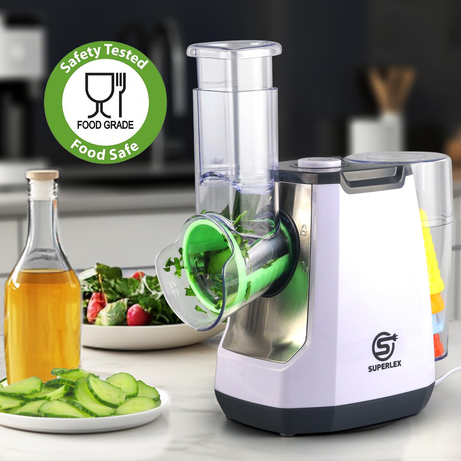 Coupe-légumes électrique 5-en-1, mandoline avec 5 lames tambour interchangeables, râpe à fromage pour fruits légumes carottes noix râpe de cuisine