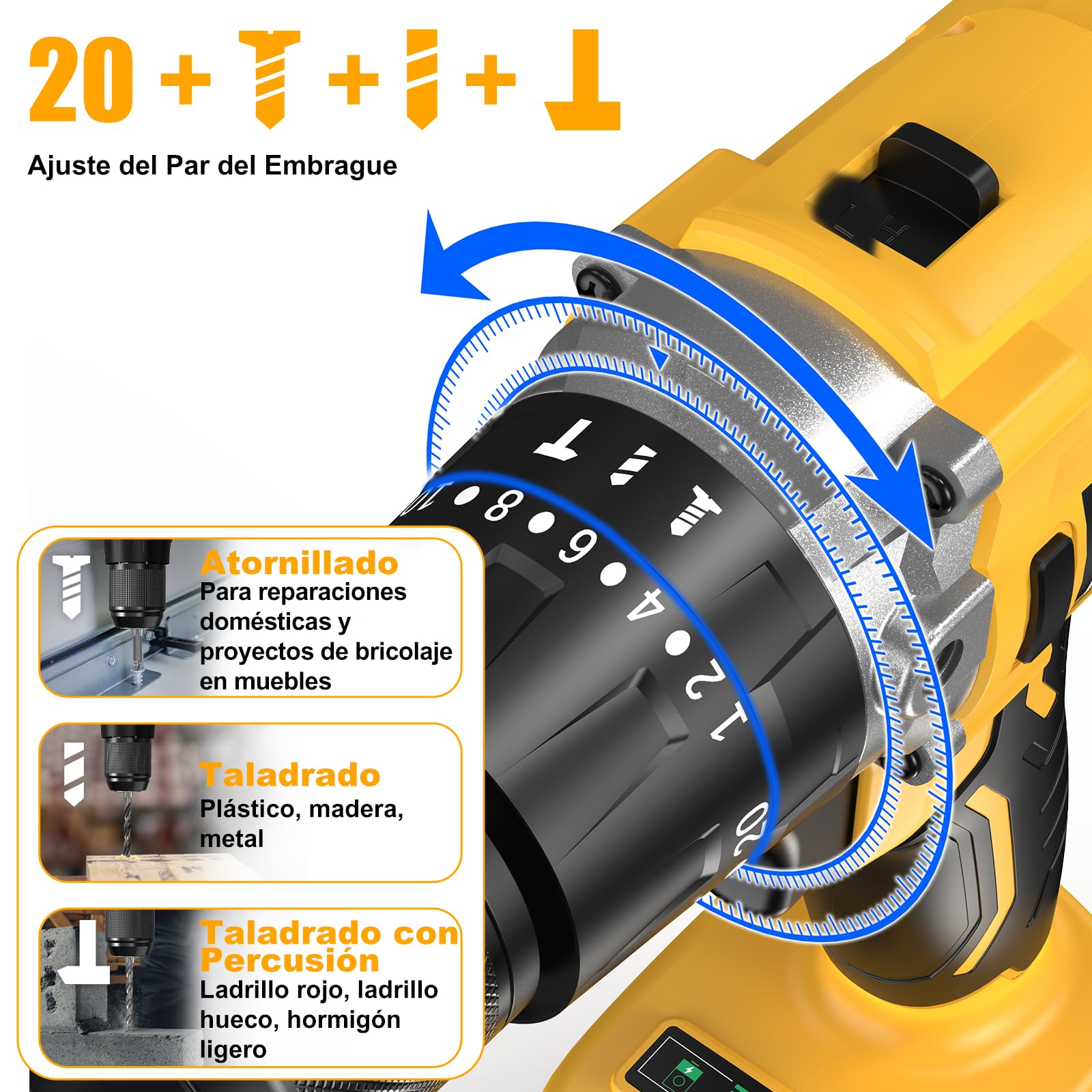21V Taladro Percutor Bateria 100Nm - 2150RPM Taladro Atornillador Batería | 2 Baterías 4.0Ah, Sin Escobillas, Taladro Inalámbrico, 20+3 Ajuste de Par Aparafusadora, 13mm Portabrocas, 2 Velocidad