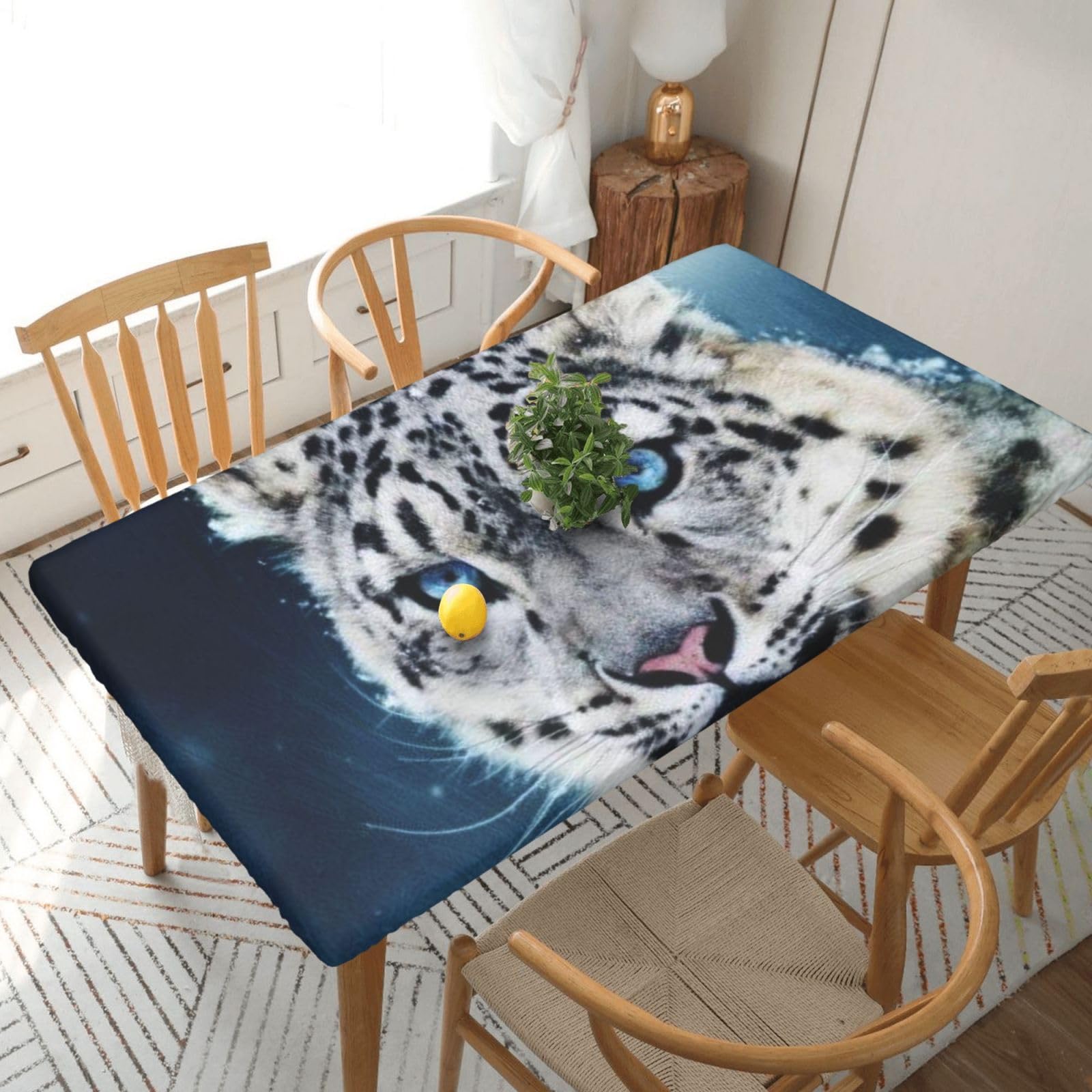 DCEHGEW Elastic Fitted Rectangle Tablecloth for 5ft Tables, Blue eyed snow leopard Printed Oilproof & Washable Fabric Picnic Table Cloth Table Covers