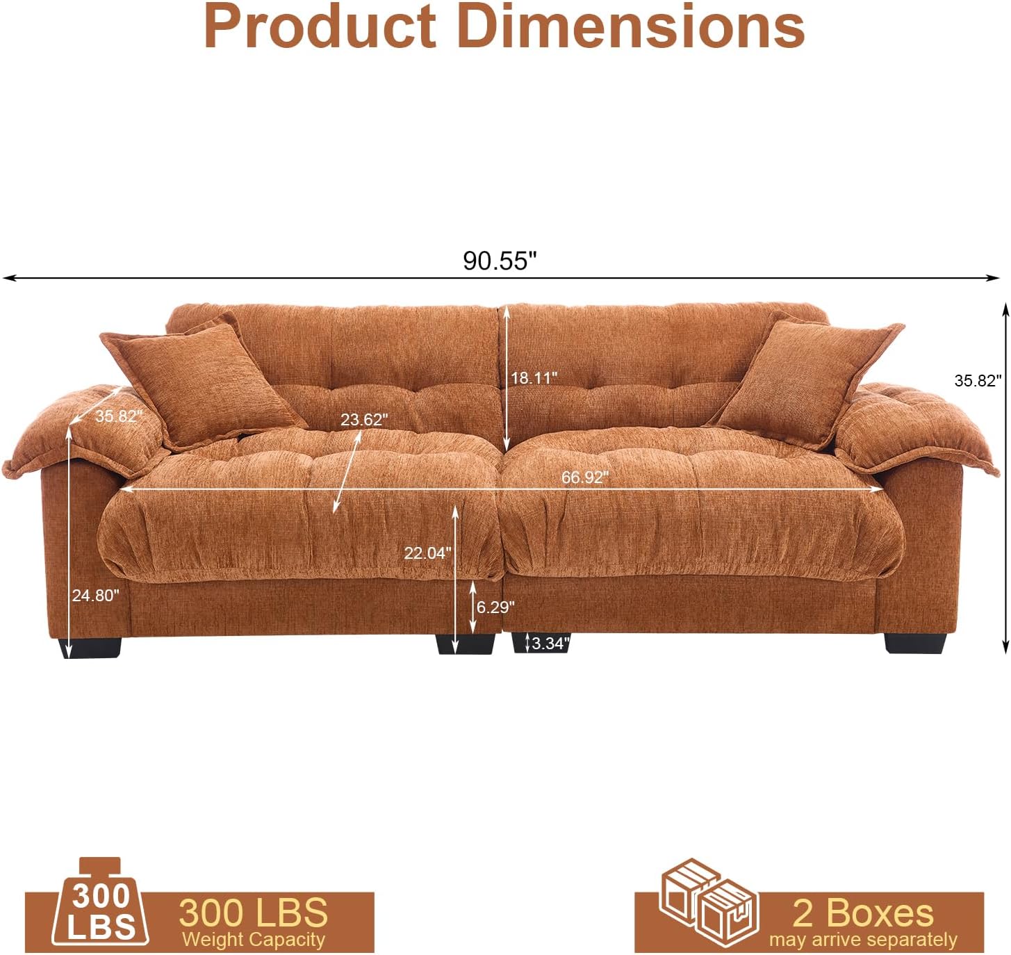 90.5" Modular Cloud Sofa, 2 Seater Couch, Oversized Loveseat with Armrest Pillow, Comfy Tufted Couch, Deep Seat Love Seats for Living Room, Apartment, Small Space- Orange