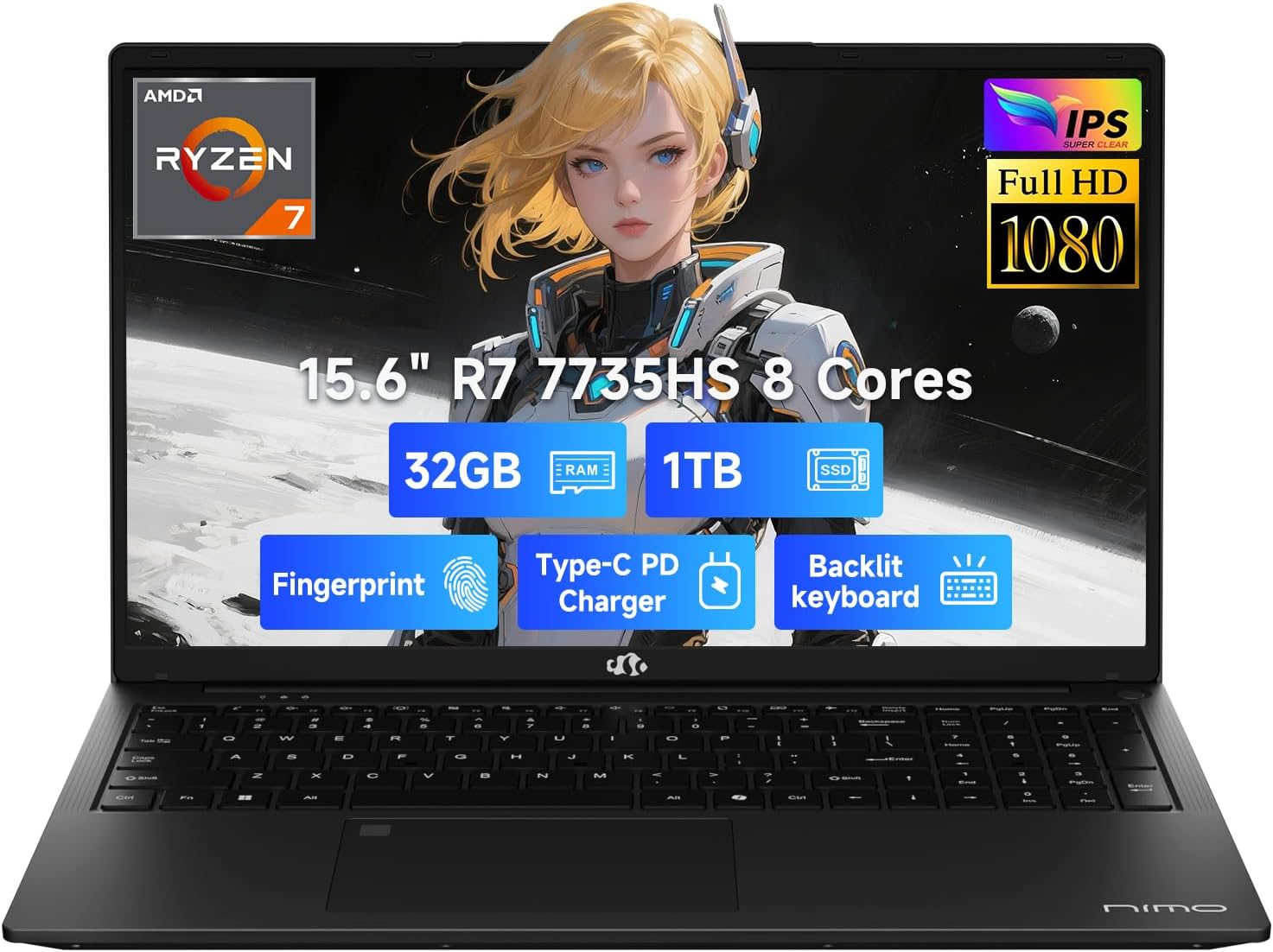 NIMO 15.6" IPS FHD-Gaming-Laptop, AMD 8 Cores Ryzen 7 7735HS 32GB DDR5 RAM 1TB SSD (Beats i7-12650H) Computer with Radeon 680M 100W Type-C Backlit Keyboard Fingerprint, for Gaming Business