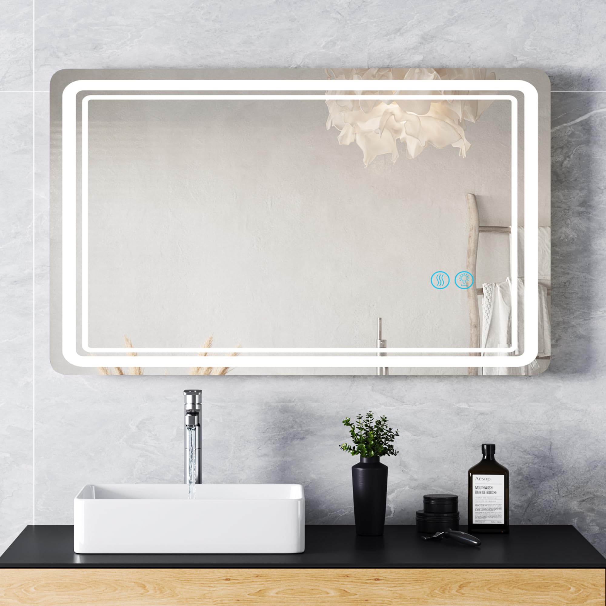 Lvifur Espejo de baño con iluminación, 100 × 60 cm, espejo LED, interruptor táctil, regulable, 3 colores de luz, sin vaho, blanco cálido con iluminación, espejo de pared para dormitorio, hotel,