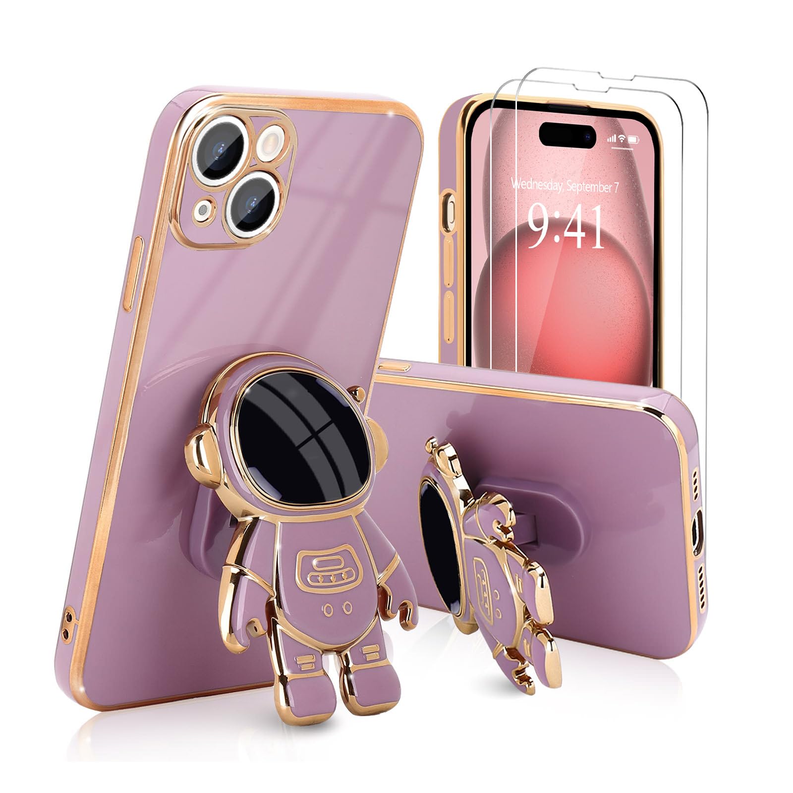 Pepmune for iPhone 15 Case, Cute 3D Astronaut Stand with [2 Screen Protector] [Camera Protection] Kickstand Shockproof Bling Silicone Soft Cover for Apple iPhone 15 Case, Purple