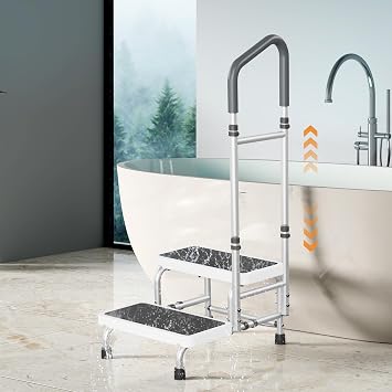 2 Step Stool with Handle & Non-Skid Platform, Adjustable Handrail Step Stool for Elderly, Adults, Lightweight Bed Step Foot Stool for Kitchen, Bedside, RV, Bathtub,Supports 400 lbs White