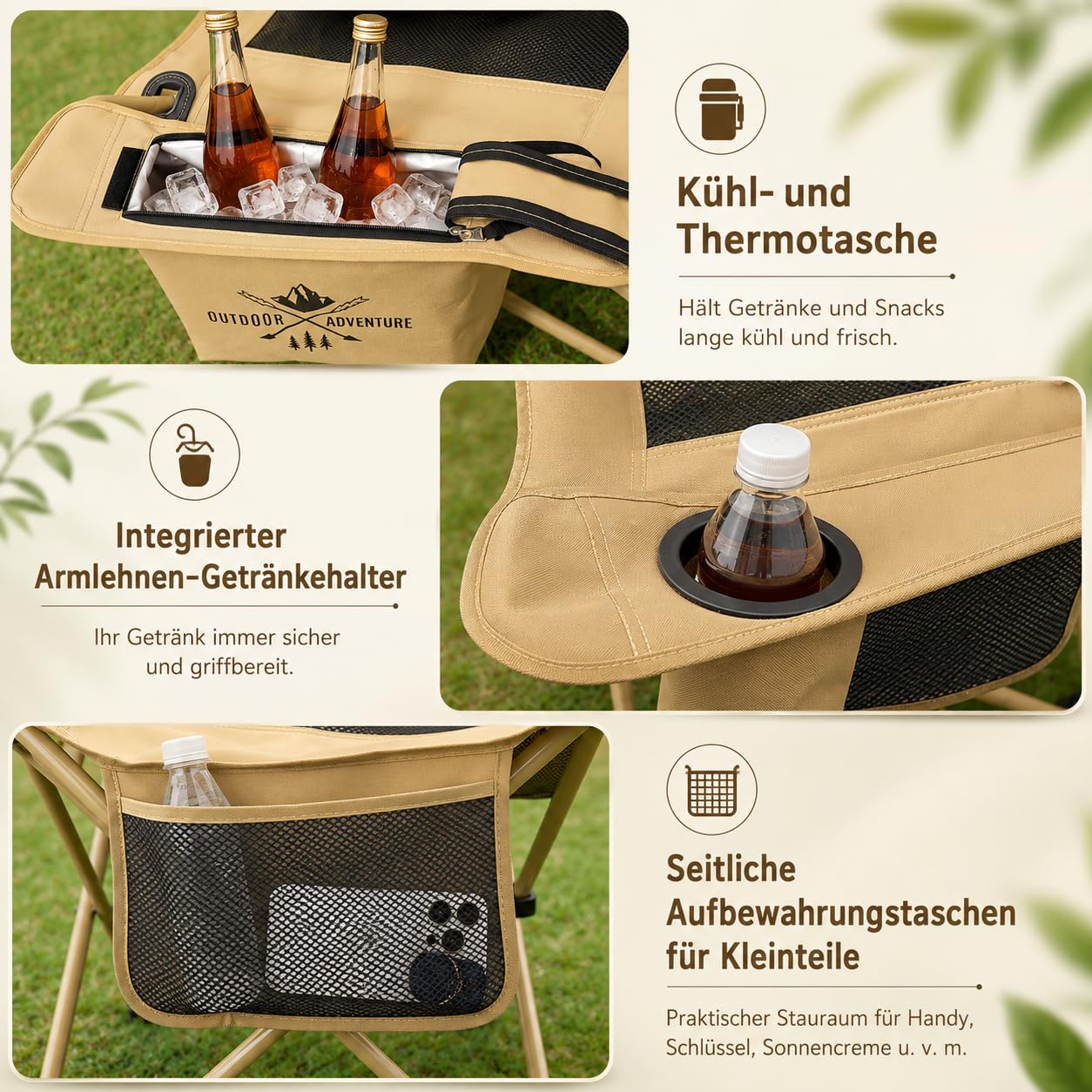 2-in-1 Campingstuhl mit Fußablage, Camping Liegestuhl Klappbar, 4-Fach Verstellbare Rückenlehne, mit Getränkehalter Kühltasche, Campingstühle Erwachsene 120KG, Outdoor Camping Angler Strand