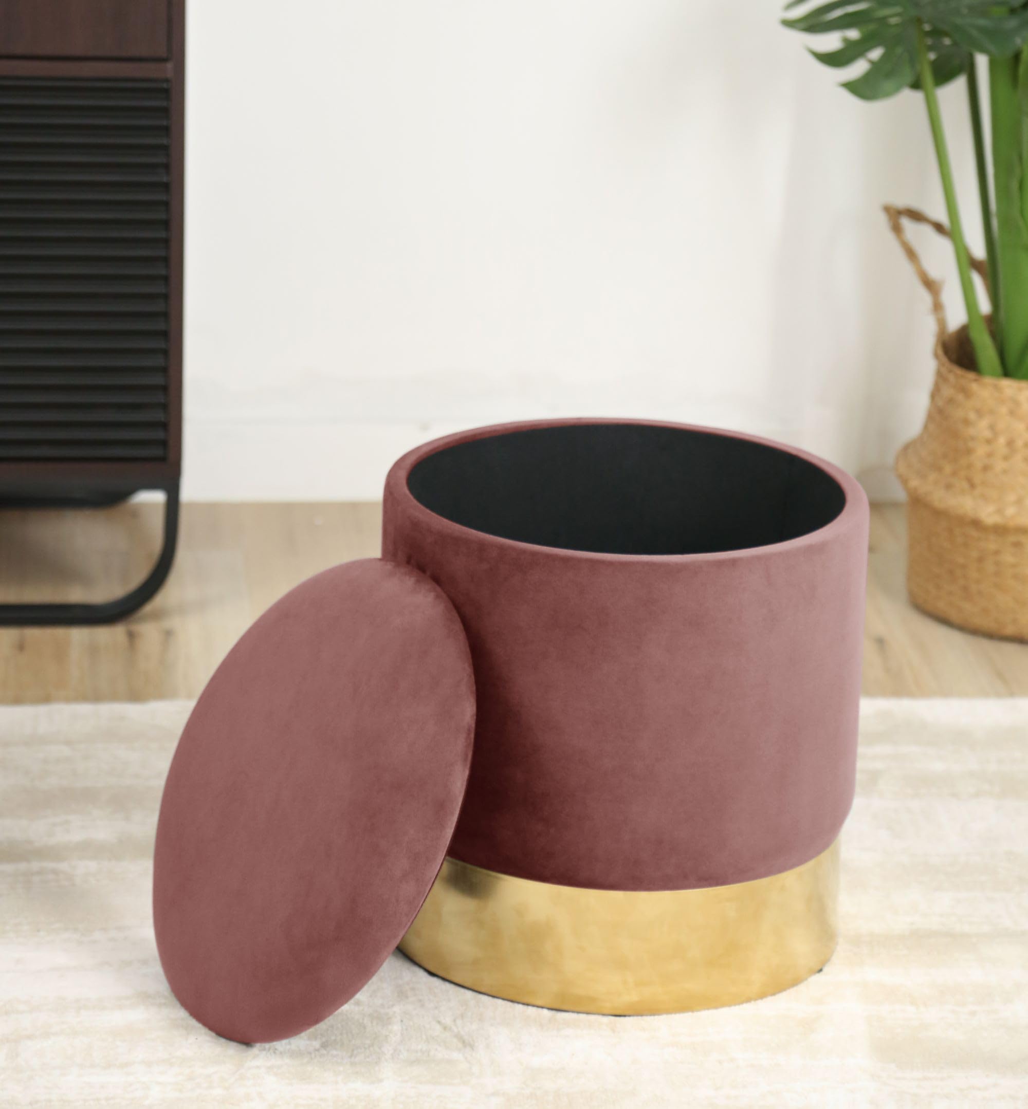 AKORD | Puf en Velutto Dorado | Reposapiés | Contenedor para Pequeños Objetos | Suelo de Metal | Acolchado | Puf Decorativo | para la Sala de Estar y el Dormitorio | Rosa