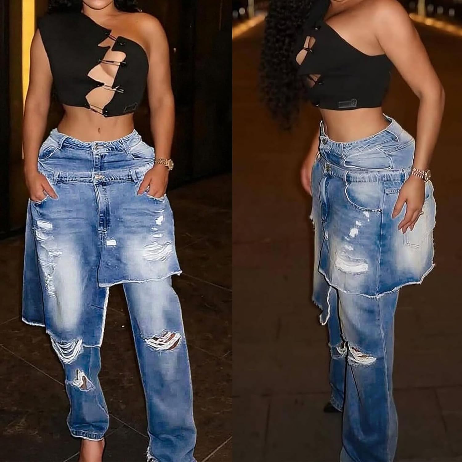 Women's High Waisted Ripped Jeans Wide Leg Patchwork Distressed Baggy Boyfriend Cargo Denim Pants with Pockets