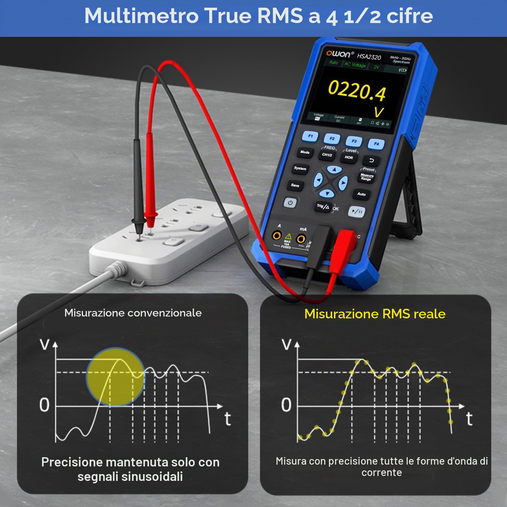 OWON HSA2320 Analizzatore di Spettro 3 in 1 da 9kHz a 3GHz, Oscilloscopio a 200MHz, Multimetro a 4 1/2 Cifre, Frequenza di Campionamento Massima di 1GSa/S, Analizzatore di Spettro Multifunzione