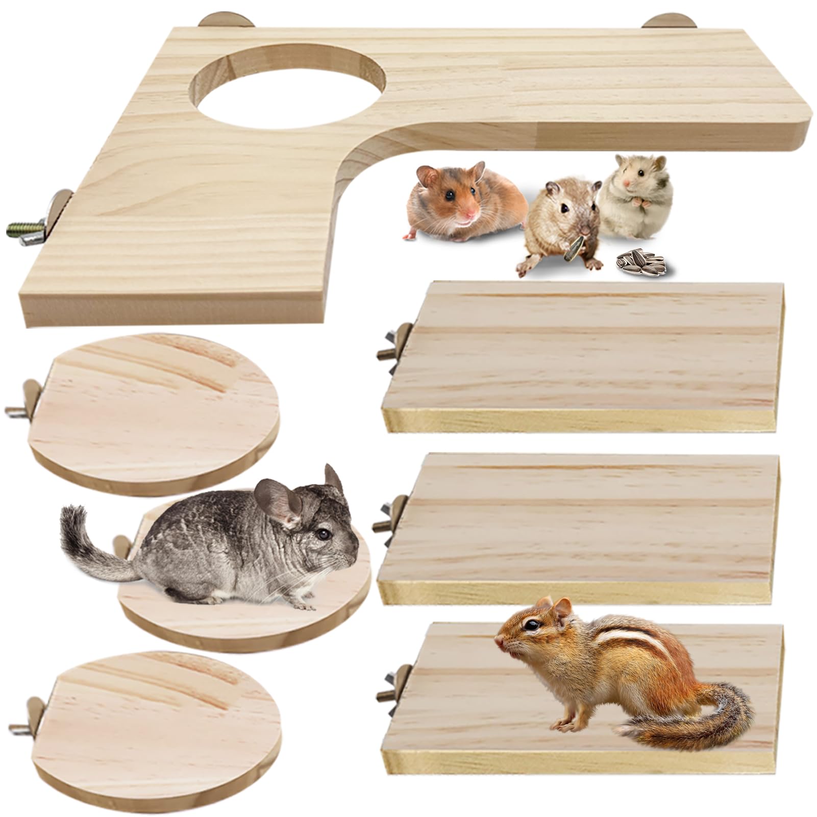 Niwaes Wooden Chinchilla Cage Platforms Set 7 Pack Wood Shelves for Rat Cage Corner Ledges Small Animal Climbing Steps Standing Board for Juvenile