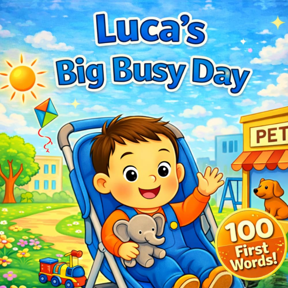 Luca's Big, Busy Day: 100 First Words for Toddlers (Three Hearts Personalized Baby Book Series (LUCA))
